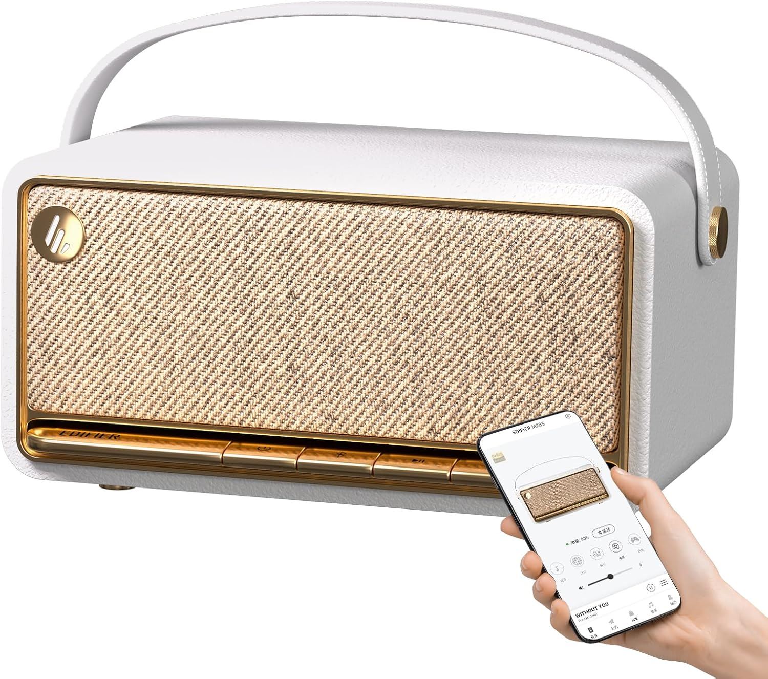 Edifier MP330 Altavoz Bluetooth Retro de Madera 40W Hi-Res con App ConneX, USB, TF y Sonido Premium - Marfil