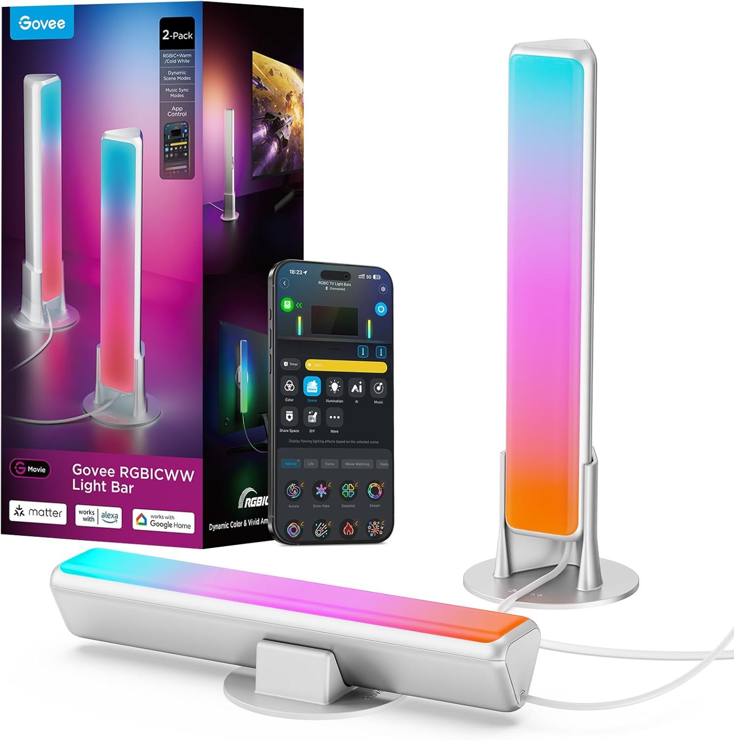 Govee Barra de luz LED inteligente, conexión WiFi RGBICWW, Plateado