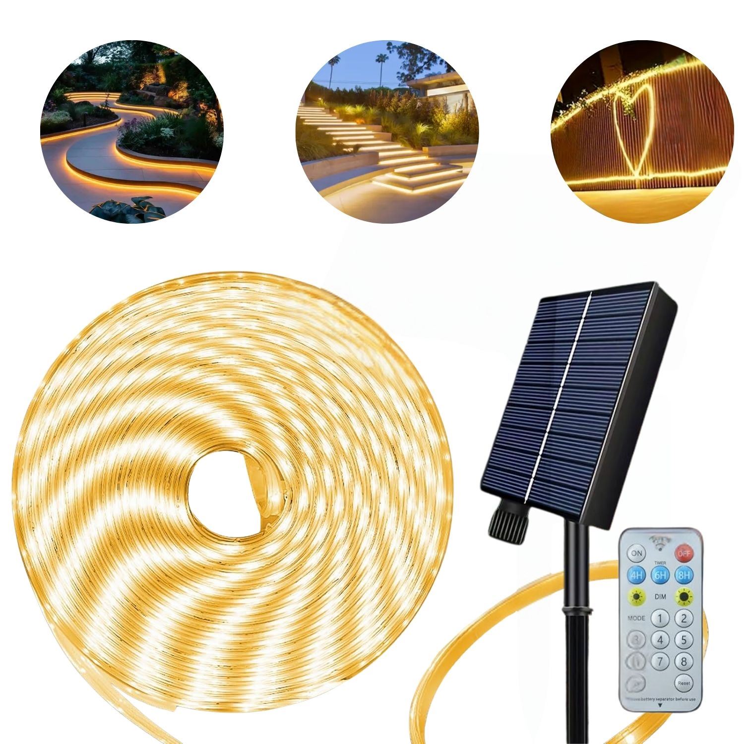 Luces Solares para Exteriores 640 LED, Batería Recargable y 8 Modos de Iluminación para Jardín y Terraza