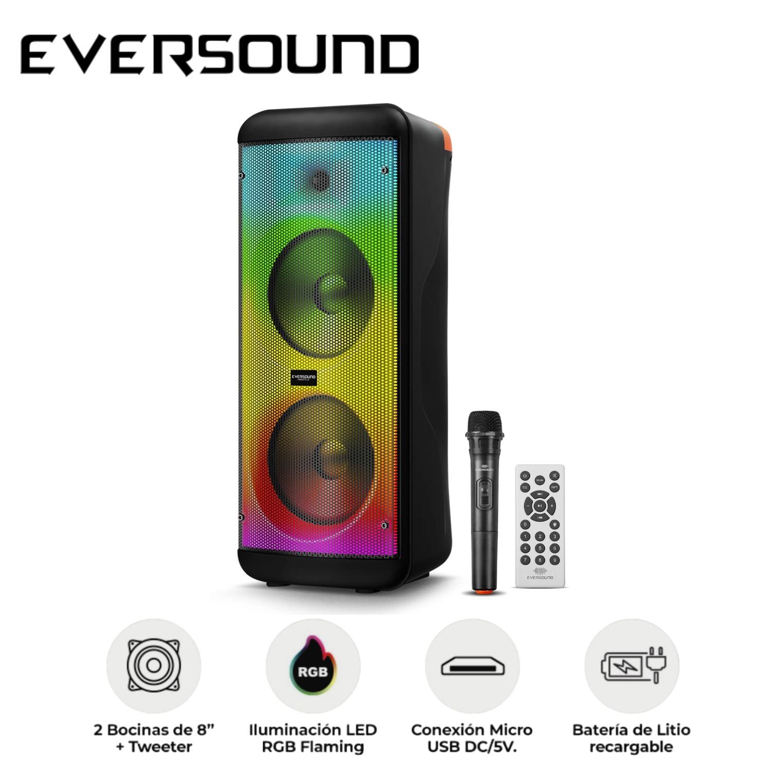 Torre de Sonido Eversound Vibratto EV 5008WL 02 Bocinas 8" USB BT SD LED RGB Flaming