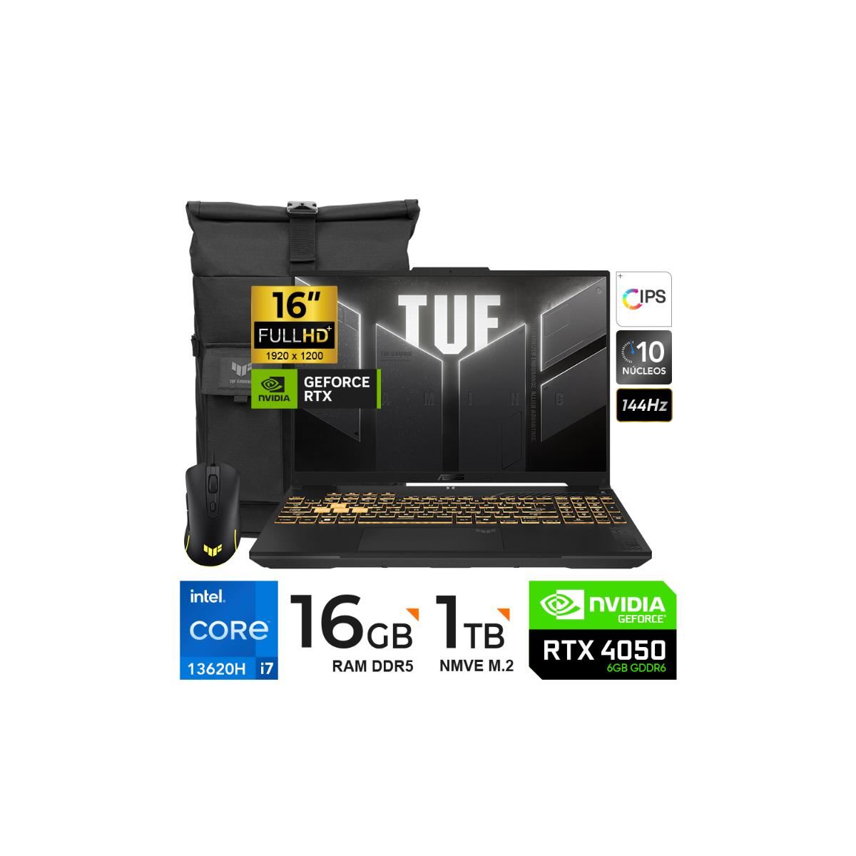 LAPTOP ASUS TUF FX607VU-RL095 CORE I7-13620H TUF 16″ FHD 16GB1TB RTX4050 6GB FREEDOS MOCHILA-MOUSE