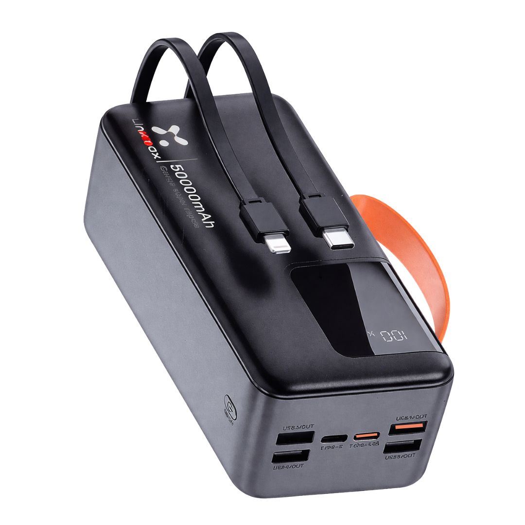 Power Bank 50000 mAh con Carga Rápida PD 22.5W, Cables Integrados Tipo C y Lightning