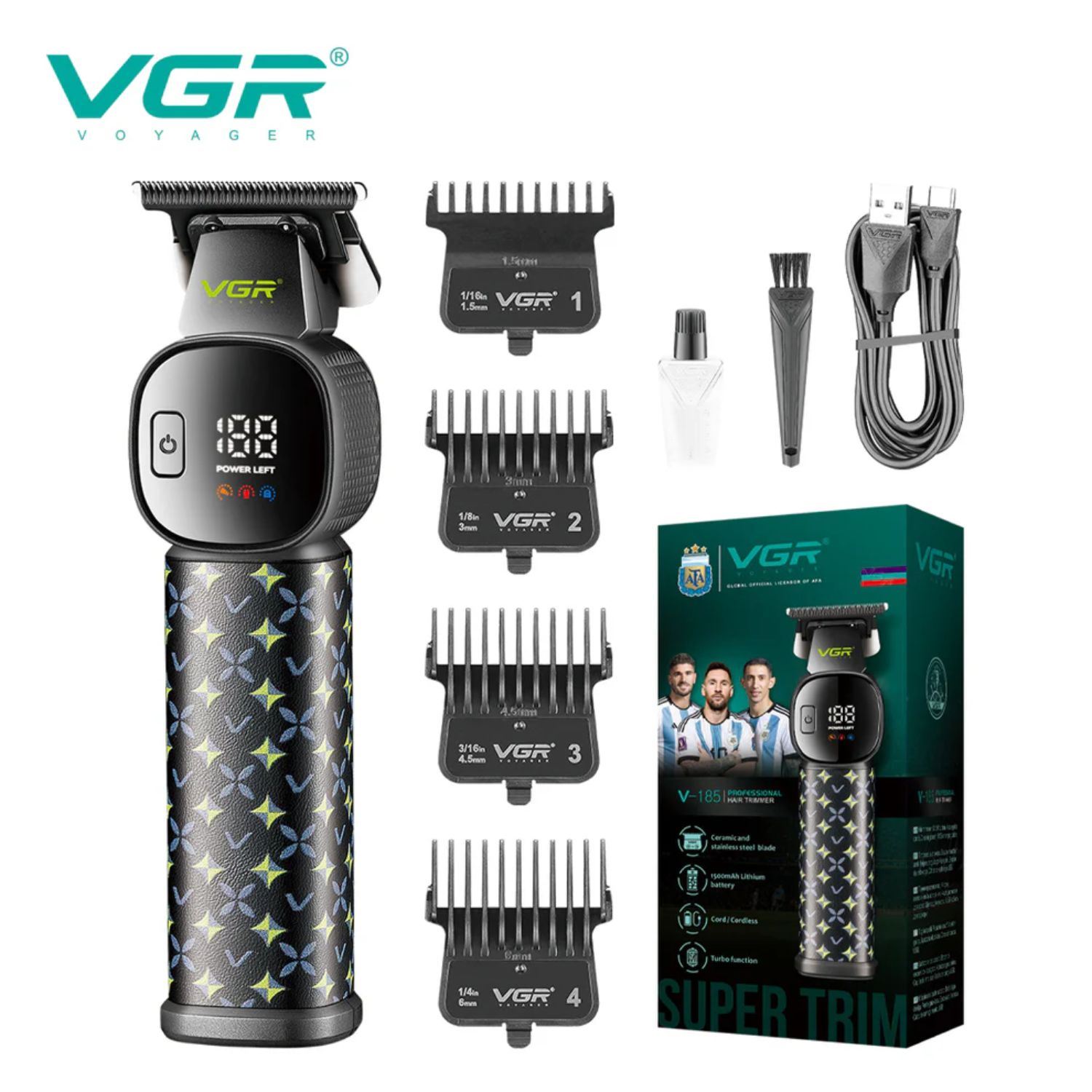 Máquina de Cortar Pelo Profesional VGR V-185 para Barba y Cabello USB Tipo C Pantalla LED 7000 RPM