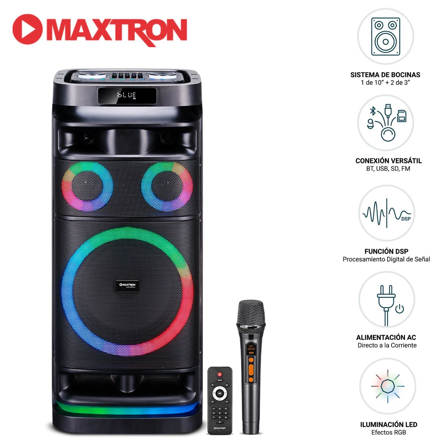 Torre de Sonido Maxtron Harmonix MX 1021 TWS BT USB Iluminación LED RGB