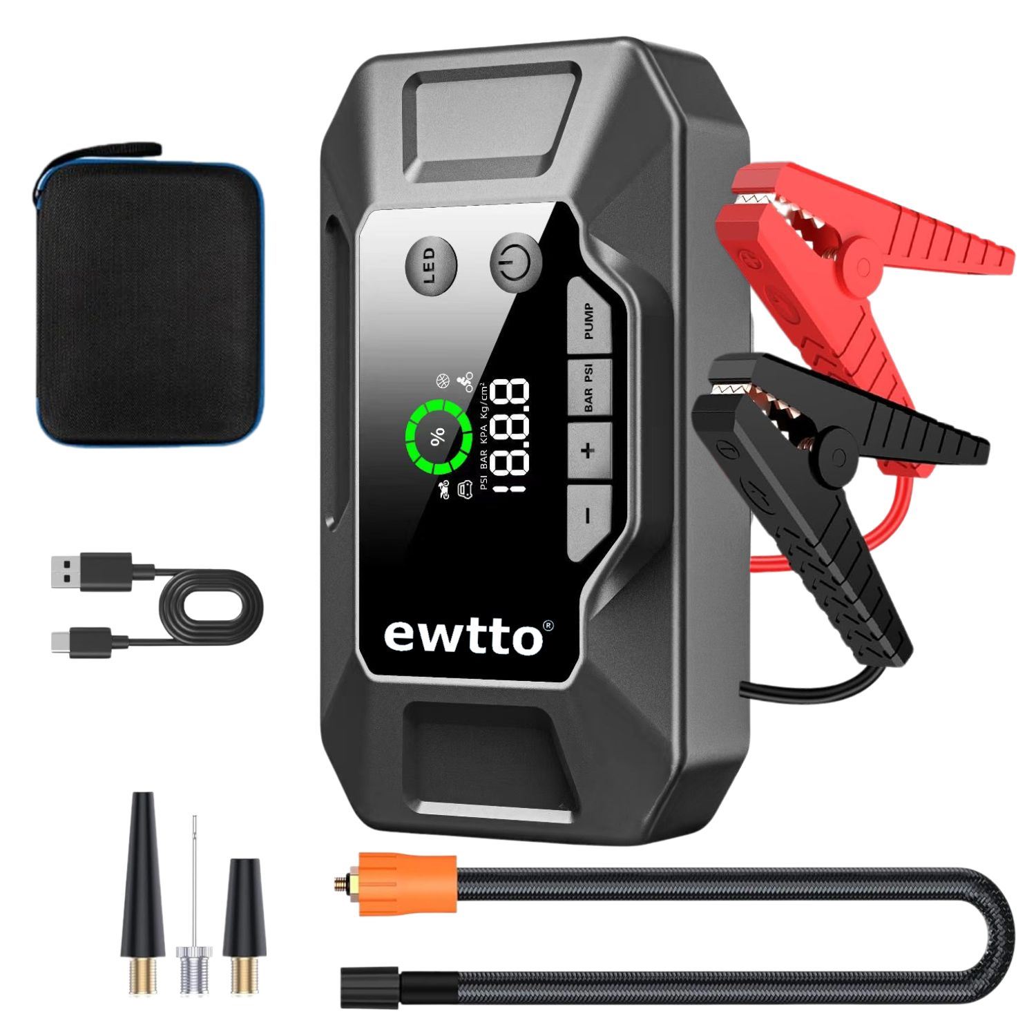 Arrancador De Batería Auto 1600A 12V Con Compresor Inflador Digital Llantas Power Bank Linterna LED Emergencia