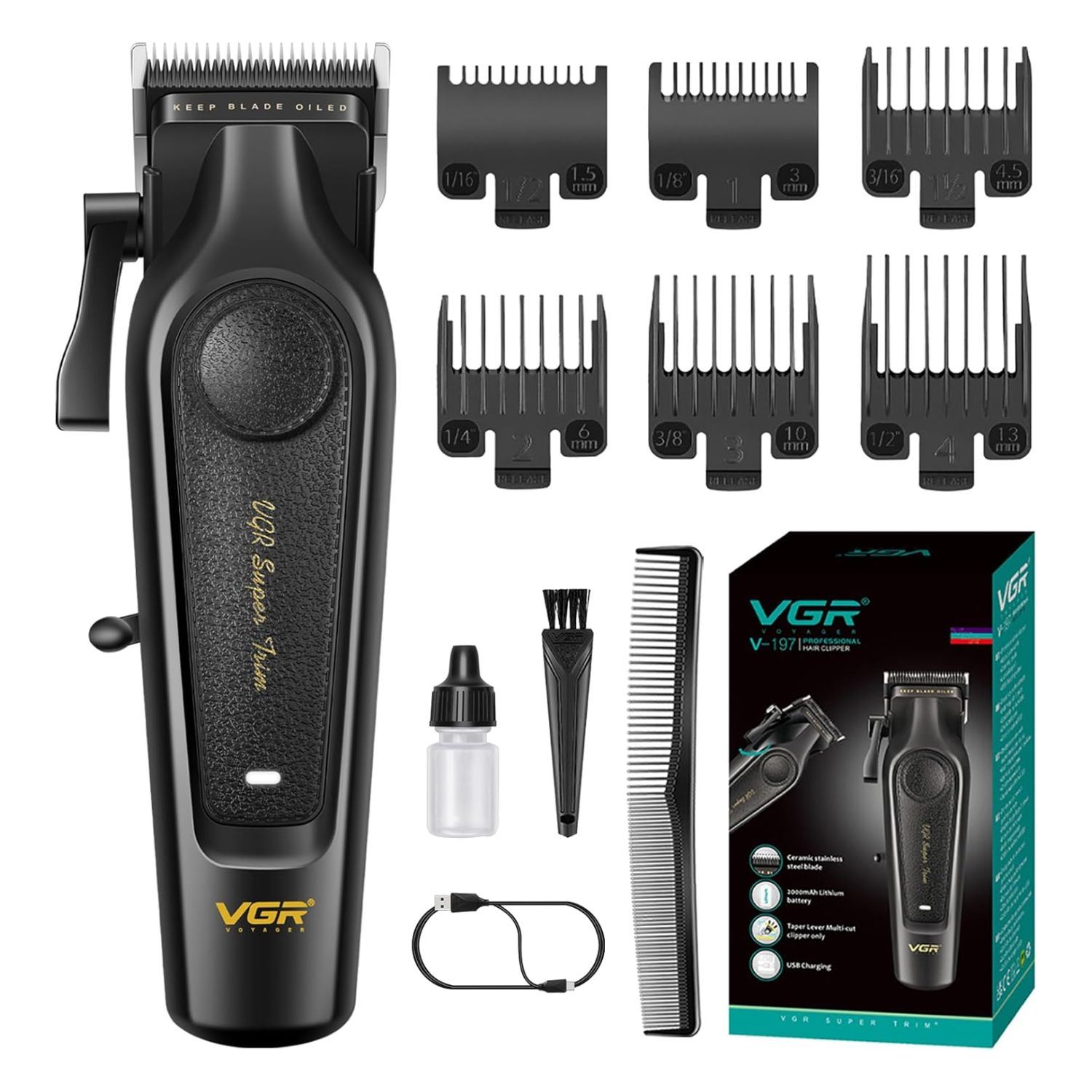 Máquina De Cortar Cabello Profesional Para Barbería 7000 RPM Con Cuchilla Cerámica DLC, 6 Peines Y Carga USB-C