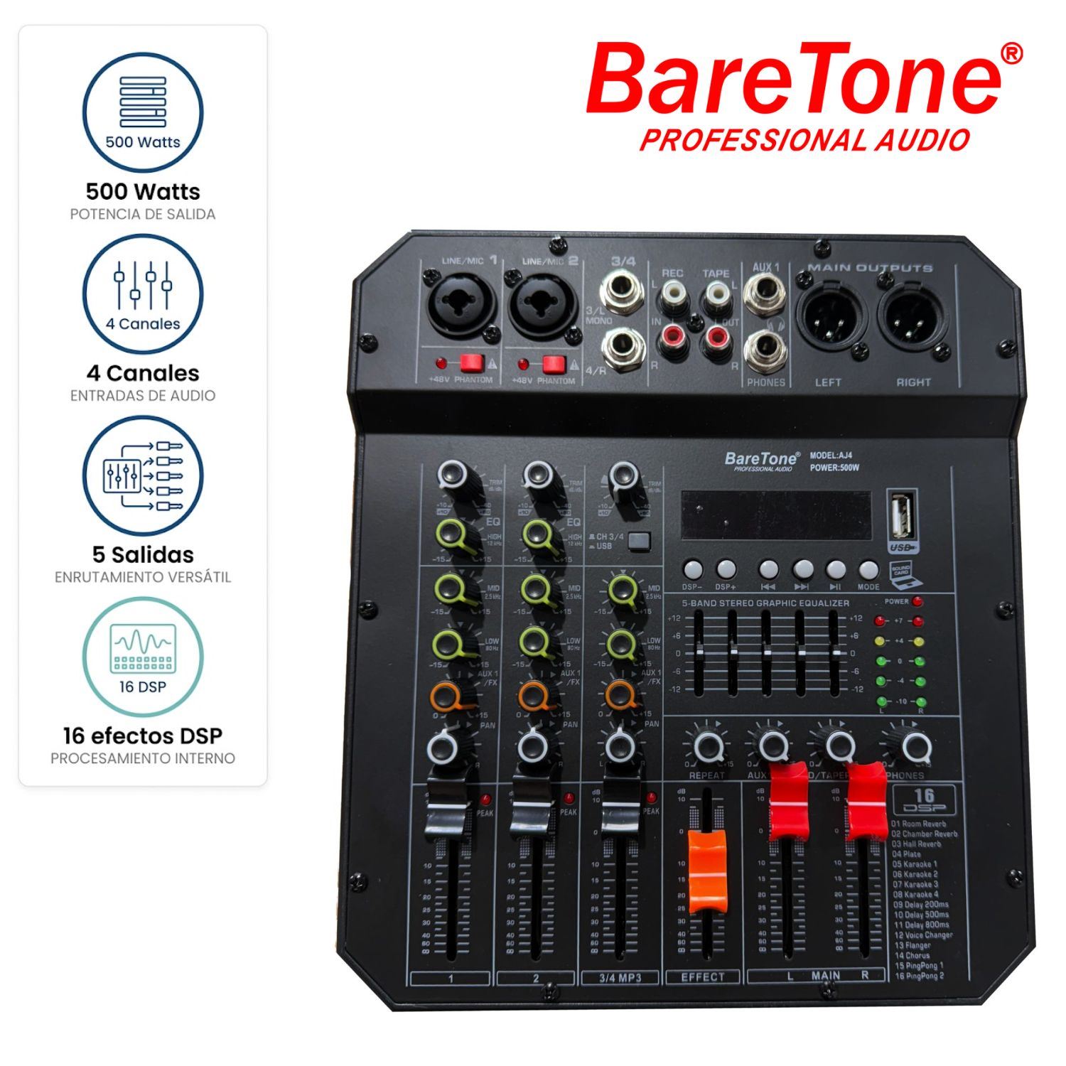 Consola Mezcladora Amplificada Baretone AJ4 Profesional