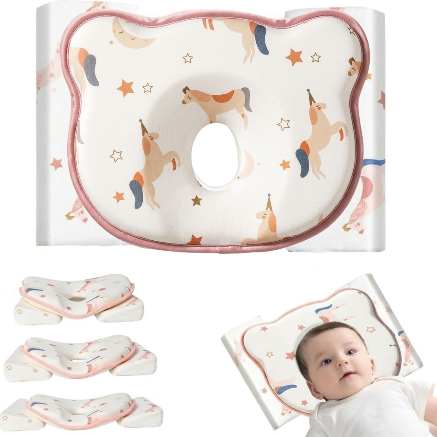 Almohada Anti Cabeza Plana 3 en 1 para Bebe Ergonómica con Sistema Antivuelco Niña U
