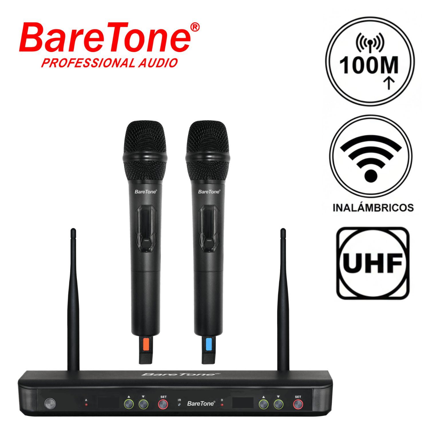 Sistema de Micrófono Inalámbrico Baretone WM 2802W Doble con UHF Multi Frecuencia