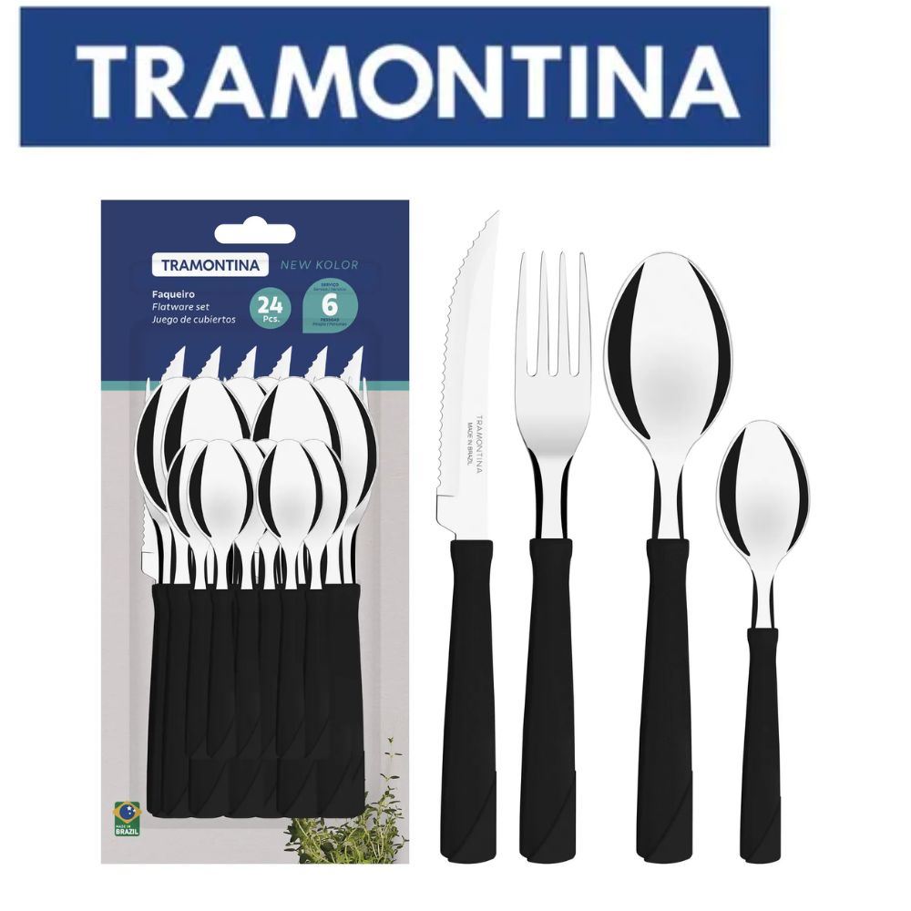 Juego de Cubiertos Tramontina Láminas de Acero Inoxidable y Mangos de Polipropileno Negro 24 Piezas