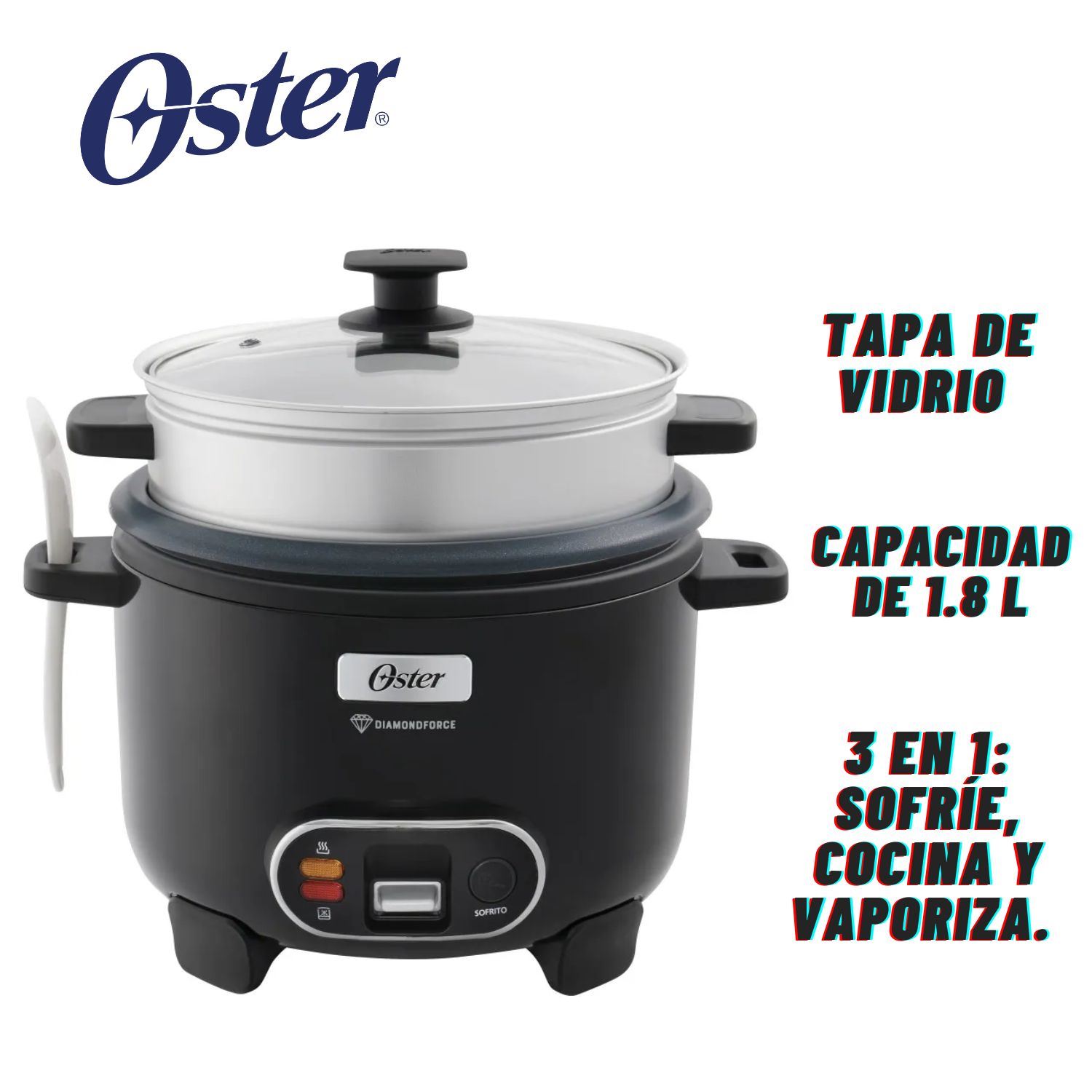 Olla Arrocera Oster CKSTRC10DFBLK 1,8 Litros Vaporera Función de Sofrito Negro