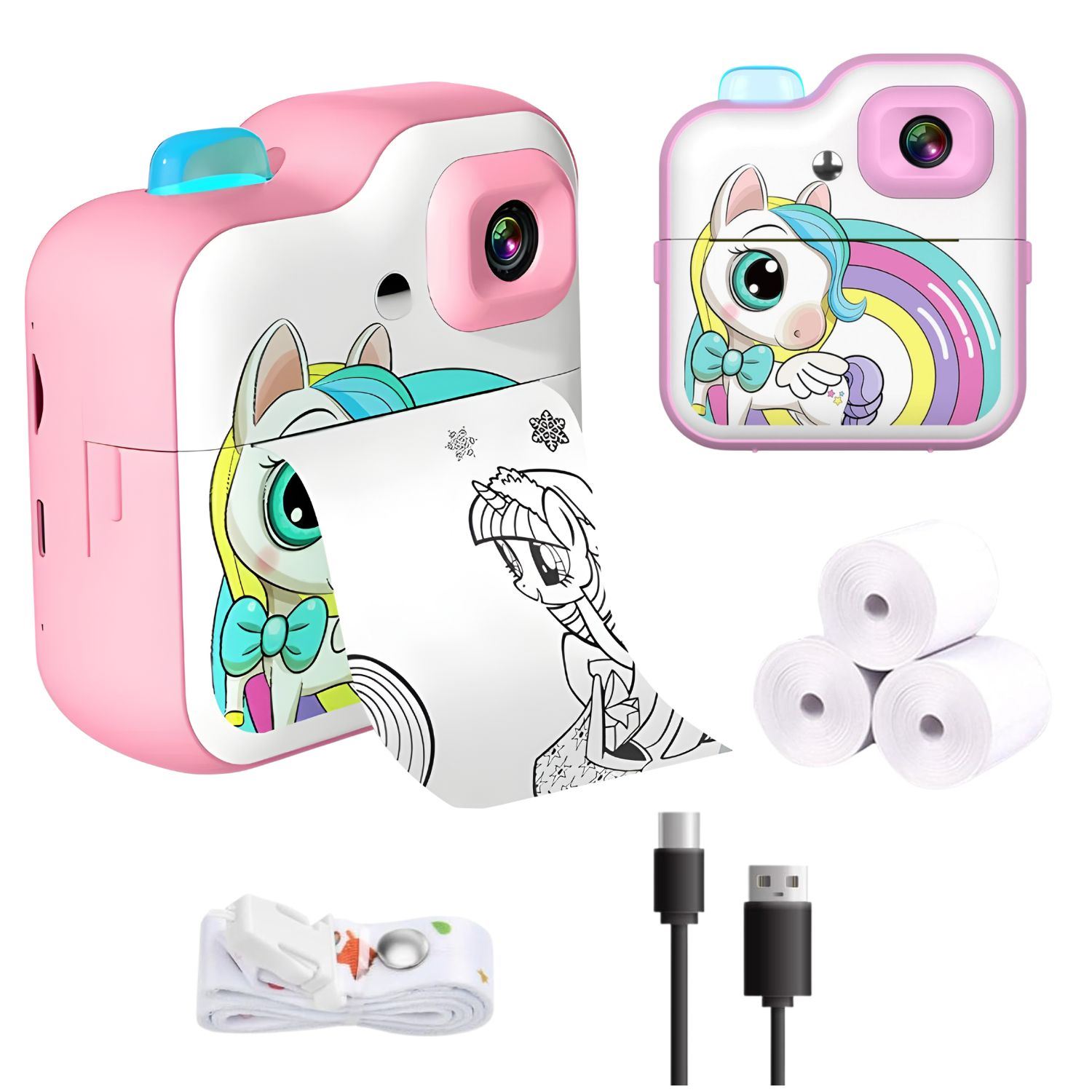 Cámara con Impresora para Niños 1080P Unicornio Fotos Instantáneas Video HD Juegos y Filtros