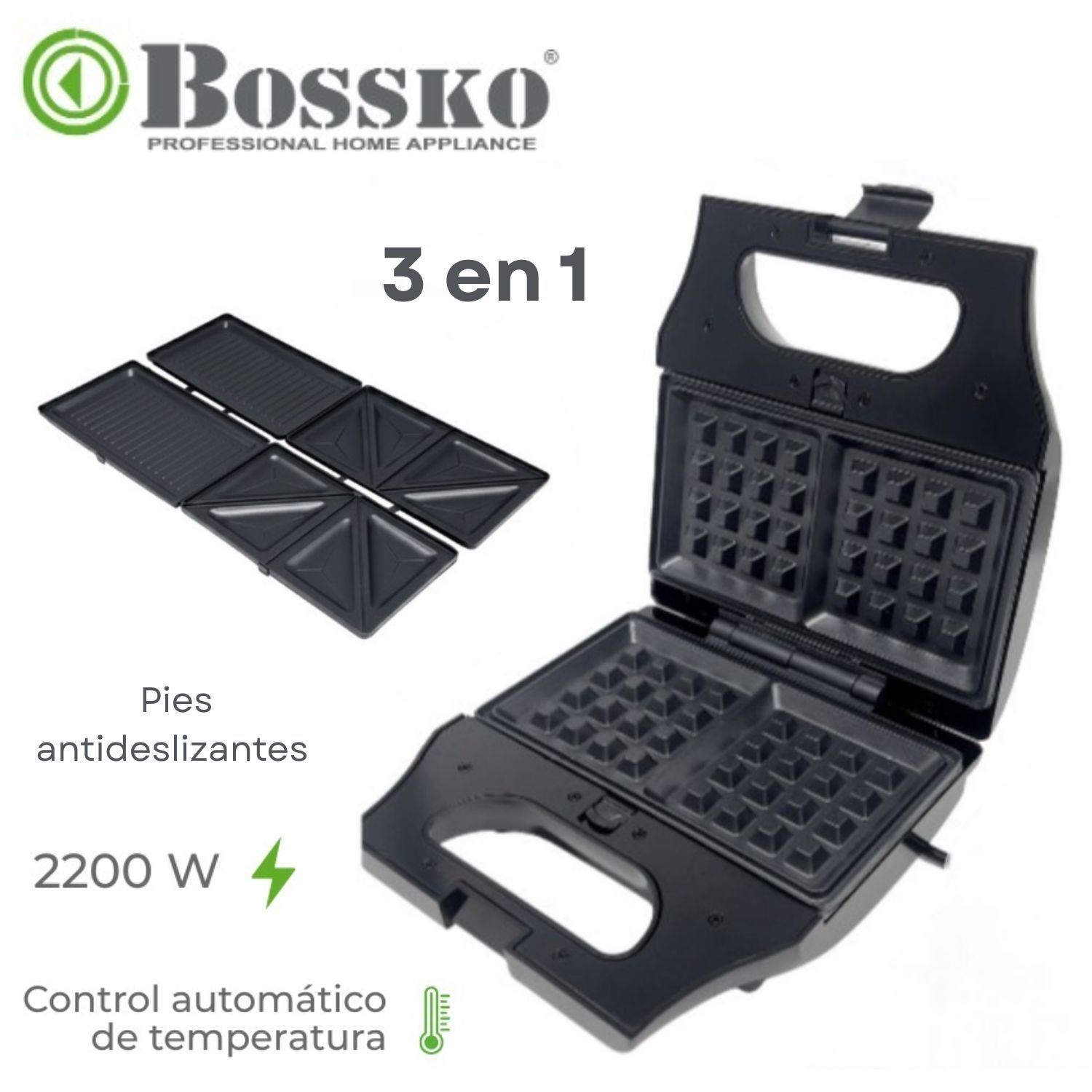 Sandwichera Bossko Intercambiables para Waffles y Grill  3 en 1 Negro