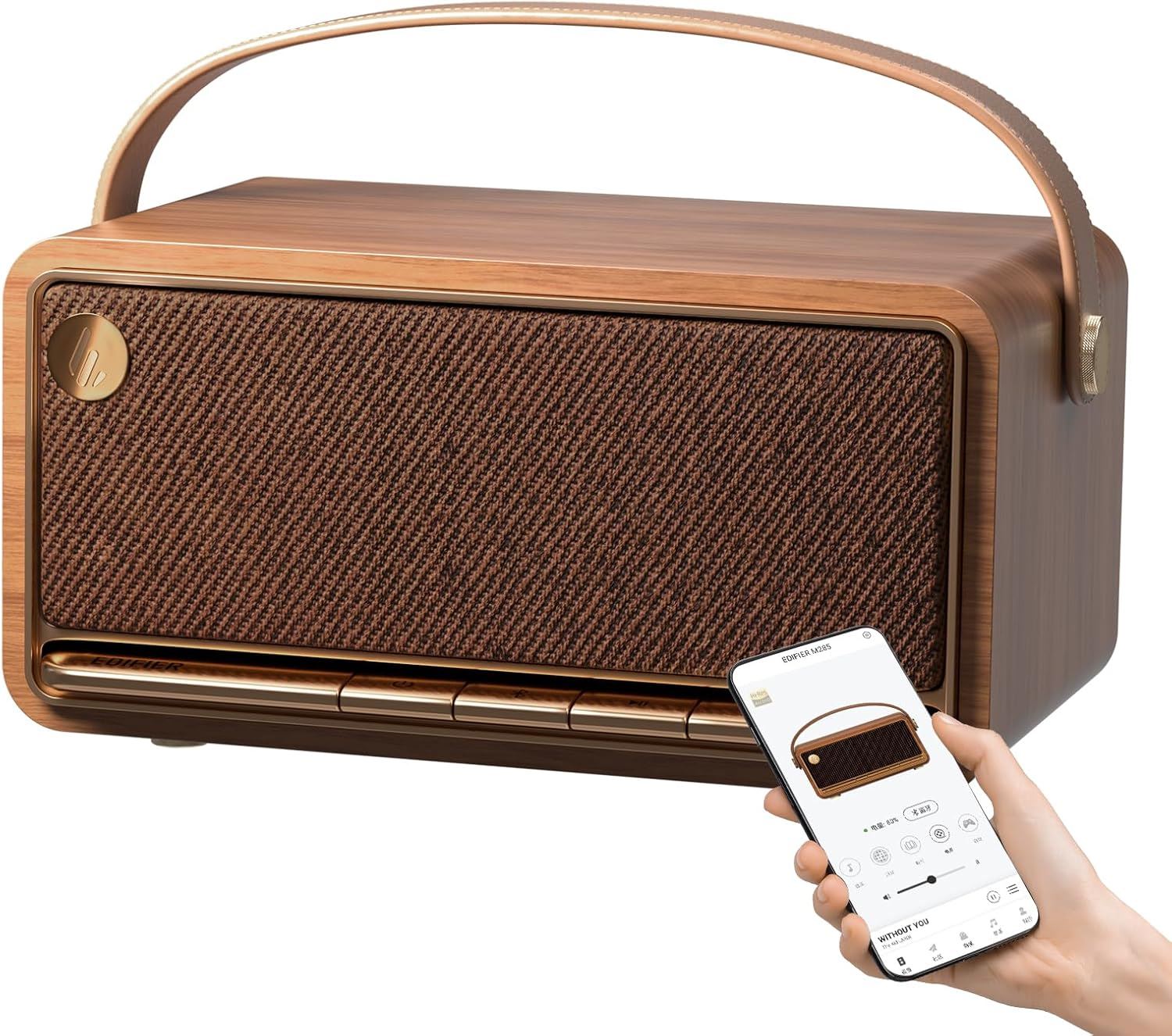Edifier MP330 Altavoz Bluetooth Retro de Madera 40W Hi-Res con App ConneX, USB, TF y Sonido Premium - Marrón