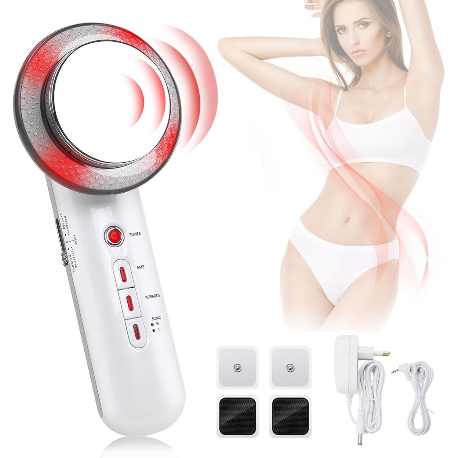 Masajeador Reductor 3 en 1 Portátil con EMS, Ultrasonido y Luz Infrarroja | Ideal para Abdomen, Piernas, Brazos y Rostro