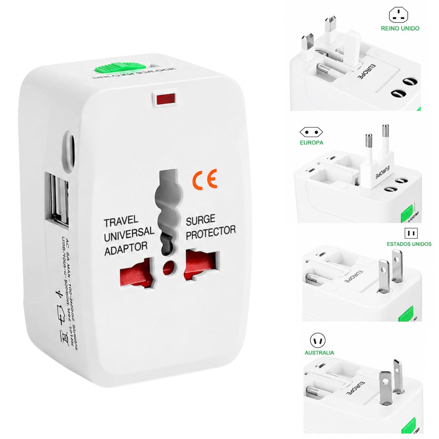 Adaptador Universal Enchufe Internacional de Viaje 110V 240V + 2 USB