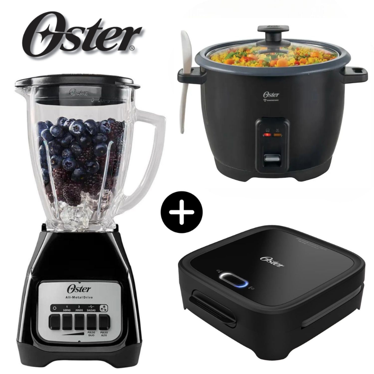 Tricombo Negro Oster Licuadora 800 W + Arrocera 1,8Lt + Sanguchera 2 Panes
