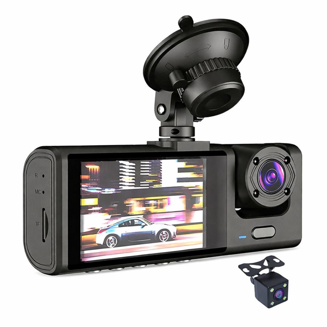 Cámara para Auto Full HD Dash Cam 1080P con 3 Cámaras Frontal, Interior y Trasera, Pantalla 2”