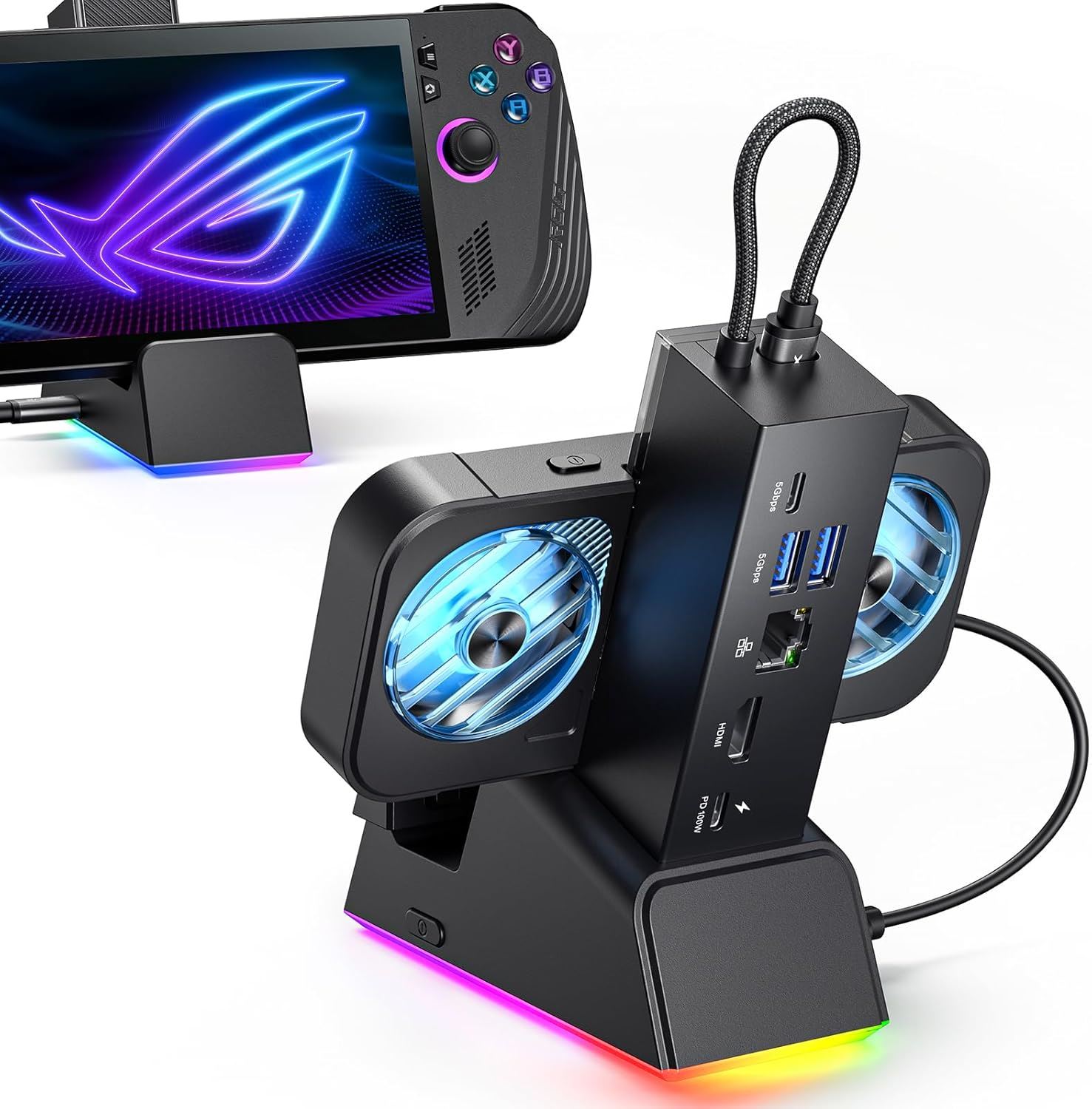 JSAUX Docking Station RGB 7 en 1 con Enfriamiento para ROG Ally / Steam Deck / Legion Go, HDMI 4K 120Hz, Ethernet, USB y Carga PD