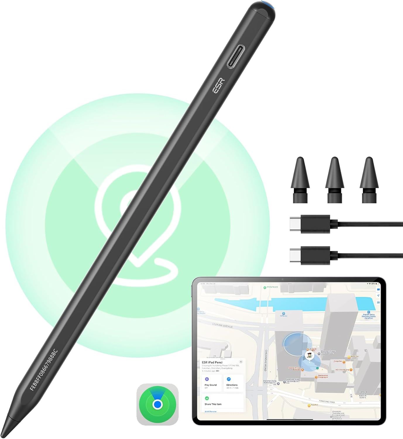 ESR Geo Lápiz Digital para iPad con Find My | Stylus Preciso con Rechazo de Palma, Carga Rápida y Compatibilidad iPad 2018-2026 - Negro