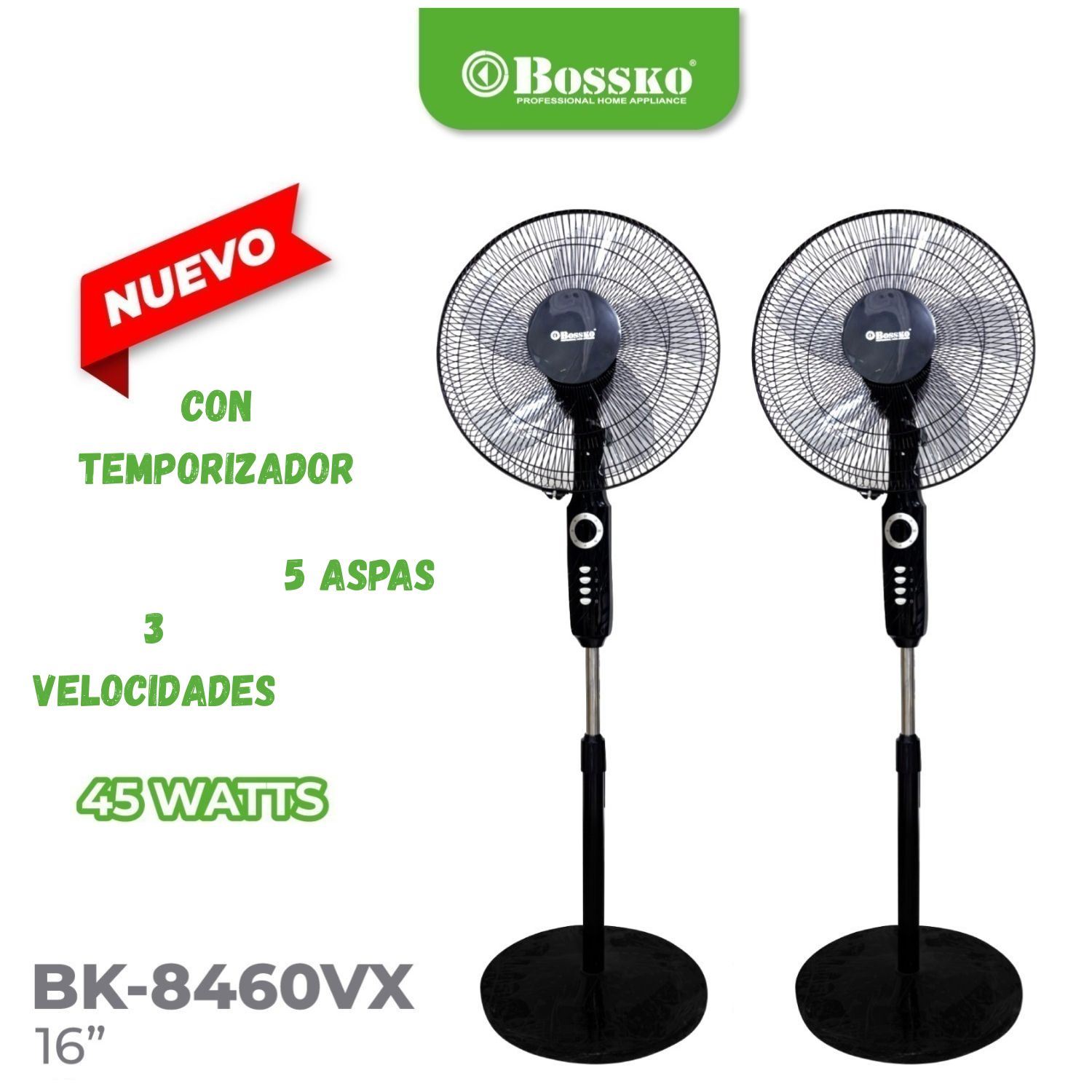 Pack 02 unidades Ventilador de Pedestal Bossko BK-8460VX de 16” 3 velocidades