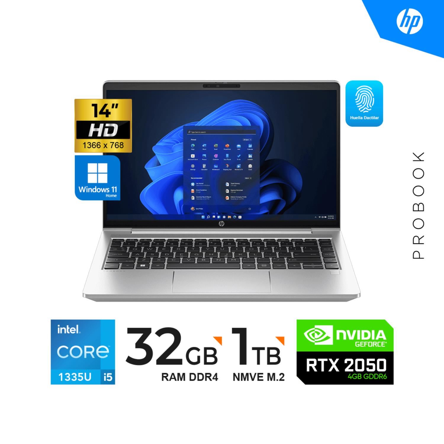 LAPTOP HP PROBOOK 440 G10 14" HD CORE i5 1335U / 32GB DDR4 3200 / 1TBSSD / RTX 2050 4GB / WIN11H