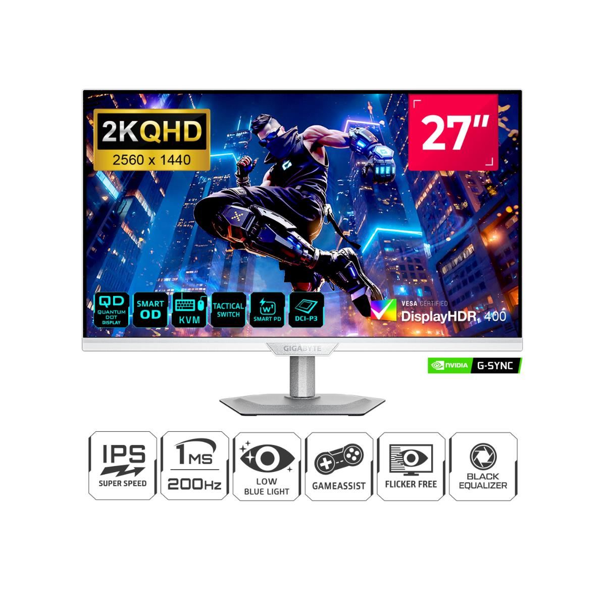 MONITOR GIGABYTE M27Q2 ICE WHITE 27" PANEL IPS QHD 2K 200Hz 1Ms PIVOT DP | HDMI.