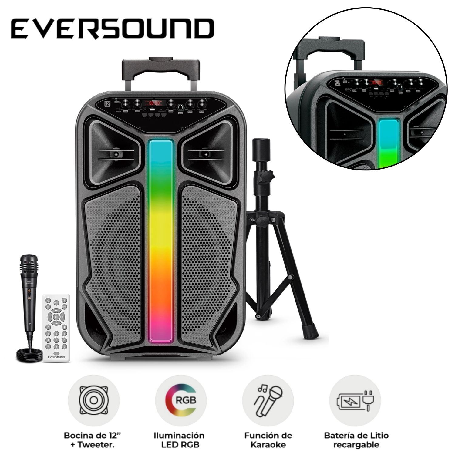 Combo Parlante + Tripode Eversound Lyrico EV 6000T Woofer de 12" LED RGB