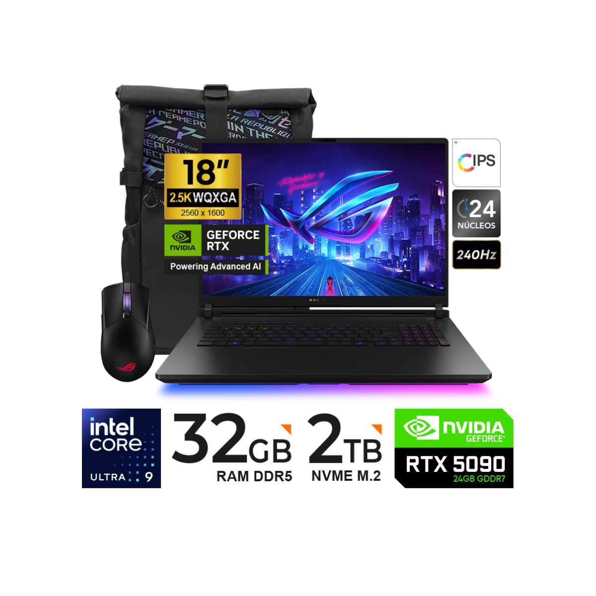 LAPTOP ASUS ROG STRIX SCAR G835LX-SA119W 18 ULTRA 9 275HX 2TB SSD/32GB/RTX5090 24GB/18" 25K IPS 240HZ/MOCHILA-MOUSE.