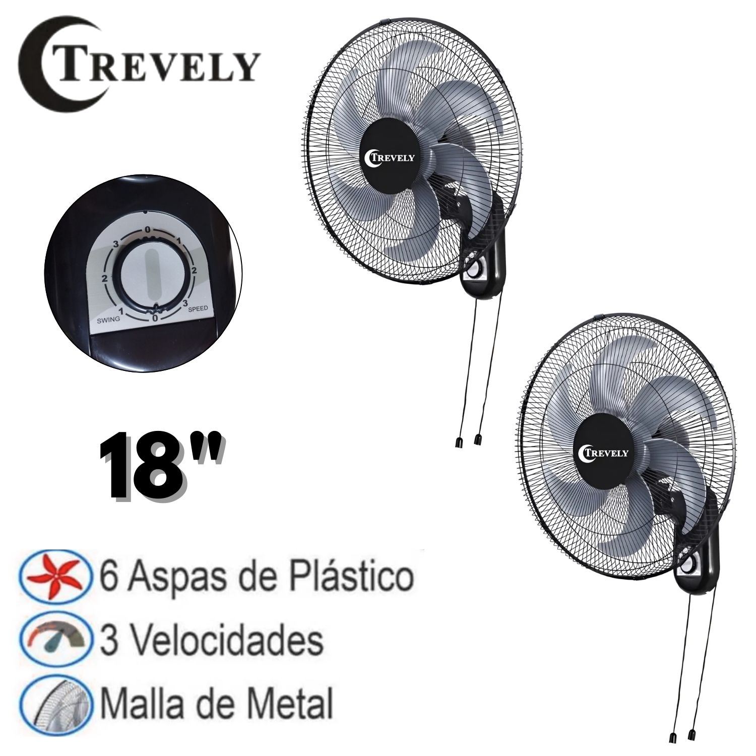 Pack 02 Ventiladores Pared Trevely VT182 18" 75 Watts control de velocidades con Cuerda Negro