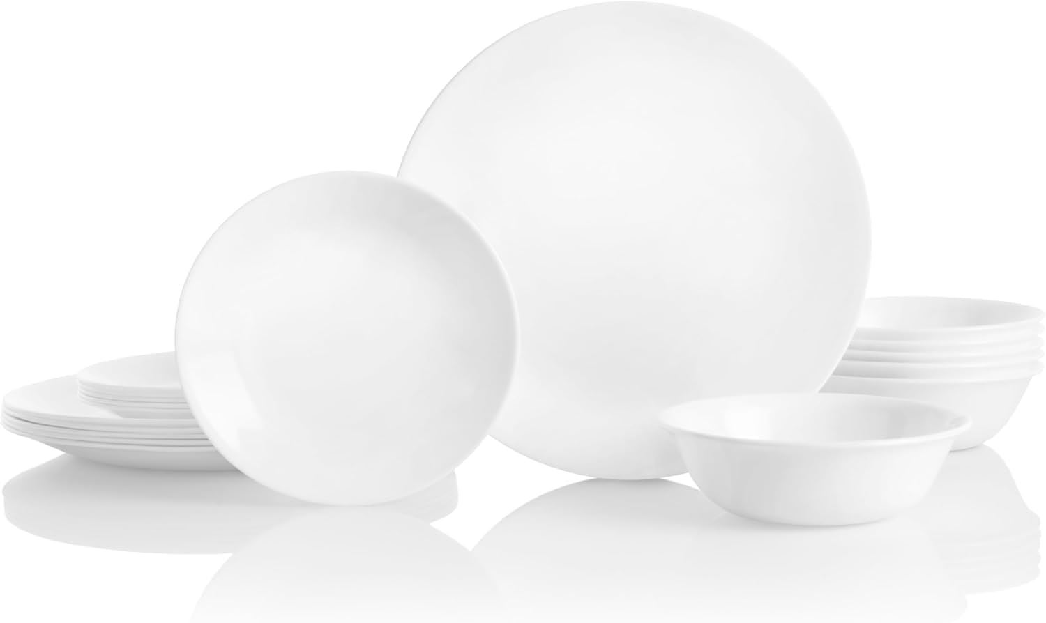 Corelle Vitrelle Juego de Vajilla de 18 Piezas para 6 Personas – Platos y Bowls de Vidrio Triple Capa Resistentes a Golpes y Grietas - Blanco (Winter White Frost)