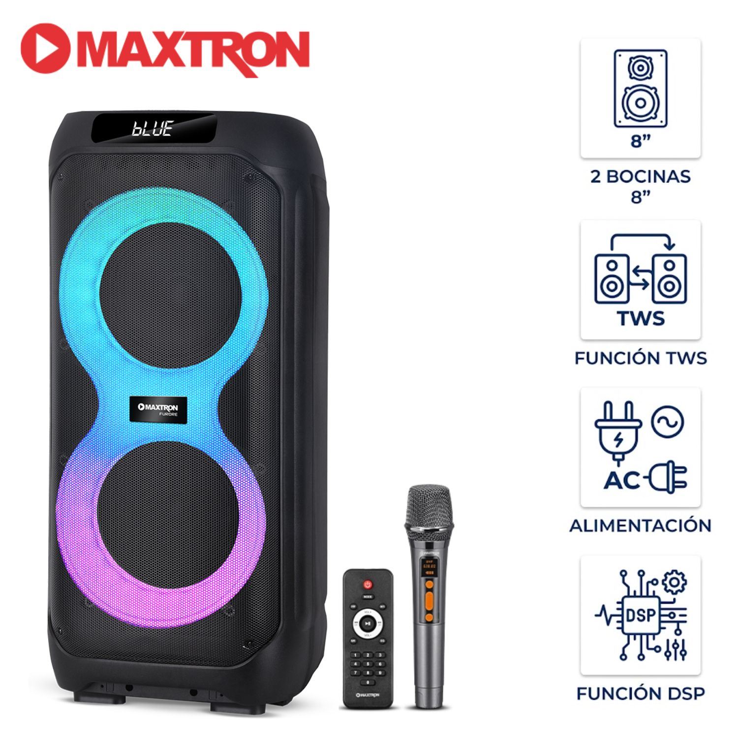 Torre de Sonido Maxtron Furore MX 807 Bocinas de 8” TWS BT USB Iluminación LED RGB