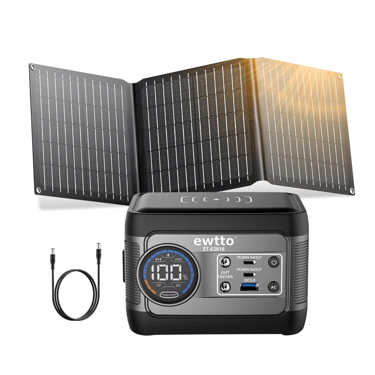 Estación de Energía Portátil 100W con Panel Solar Monocristalino Plegable, USB-C PD 65W y Salida 220V