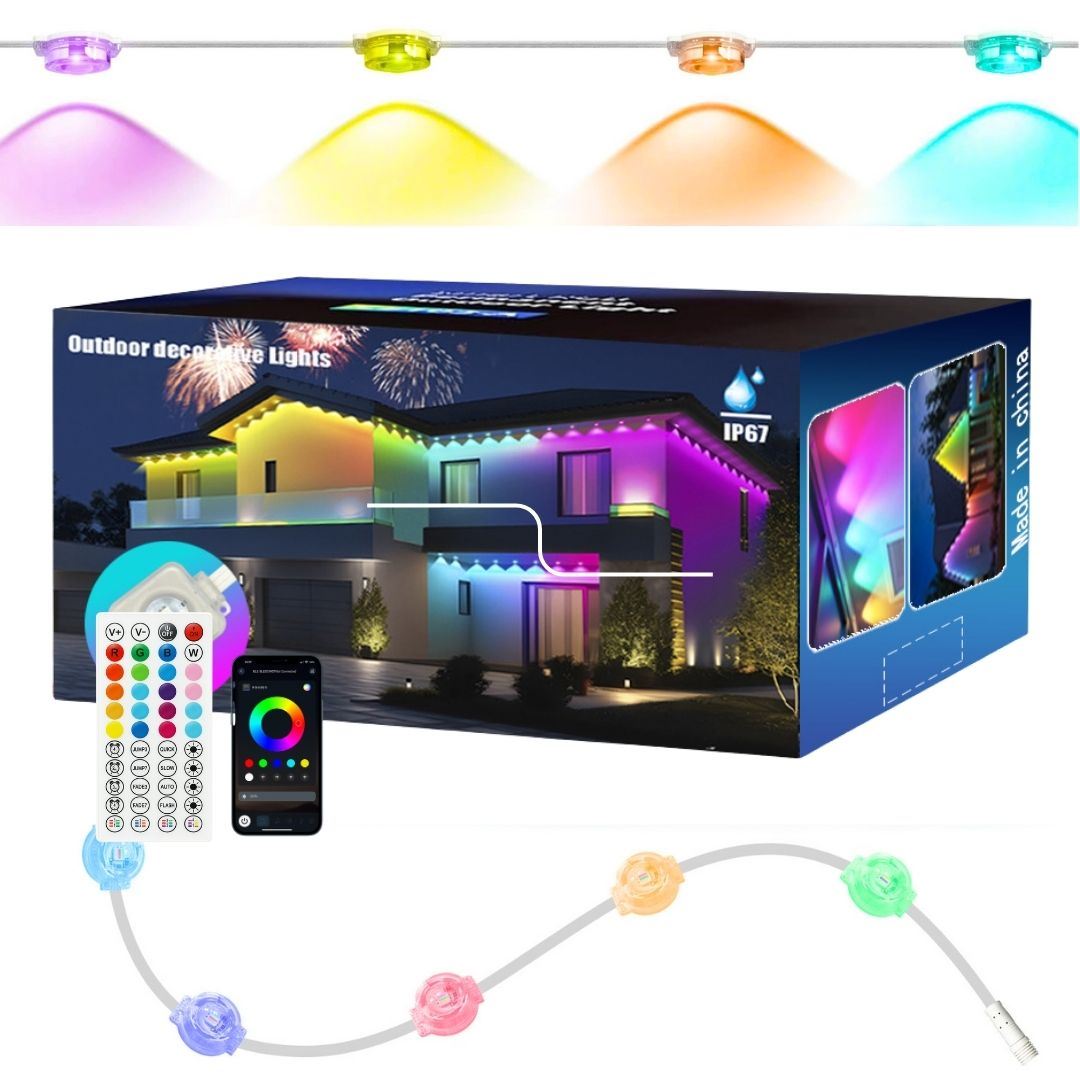 Luces LED RGB para Exteriores 15 m IP67 con App Bluetooth, Control Remoto y Modo Música para Fachada