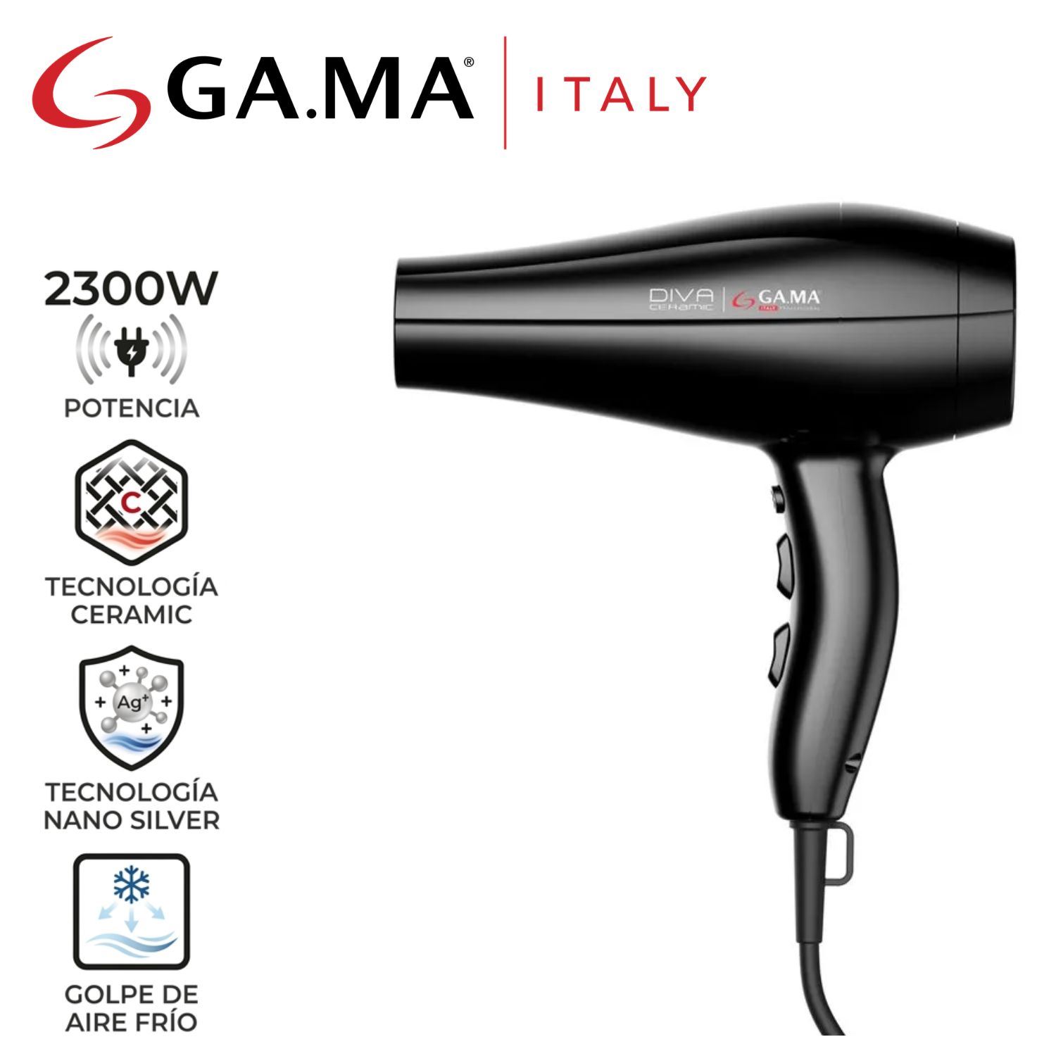 Secadora Profesional Gama Diva Cerámica Motor AC  2300 Watts – Negro
