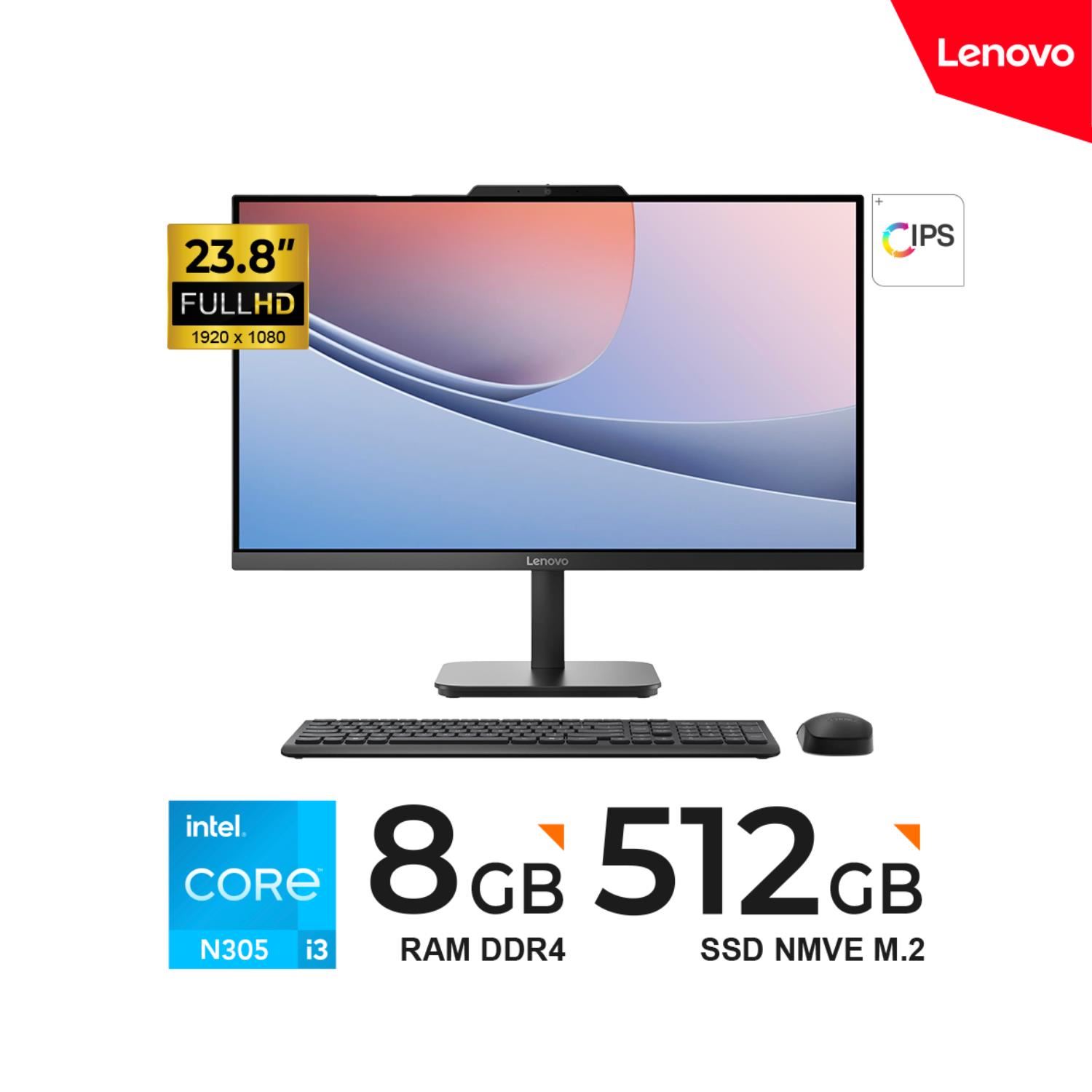 PC TODO EN UNO LENOVO V100 23.8" FHD IPS Core i3 N305 hasta 3.8GHz, 8GB DDR4-3200MHz 512GB Negro, Freedos
