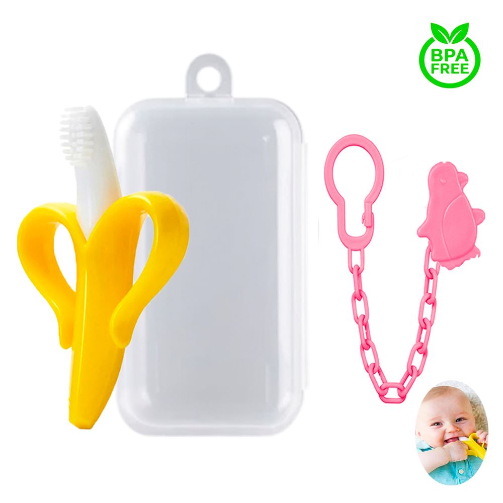 Mordedor Banana Amarillo Con Cadena Baby Froggie Pinguino Rosado Para Bebe