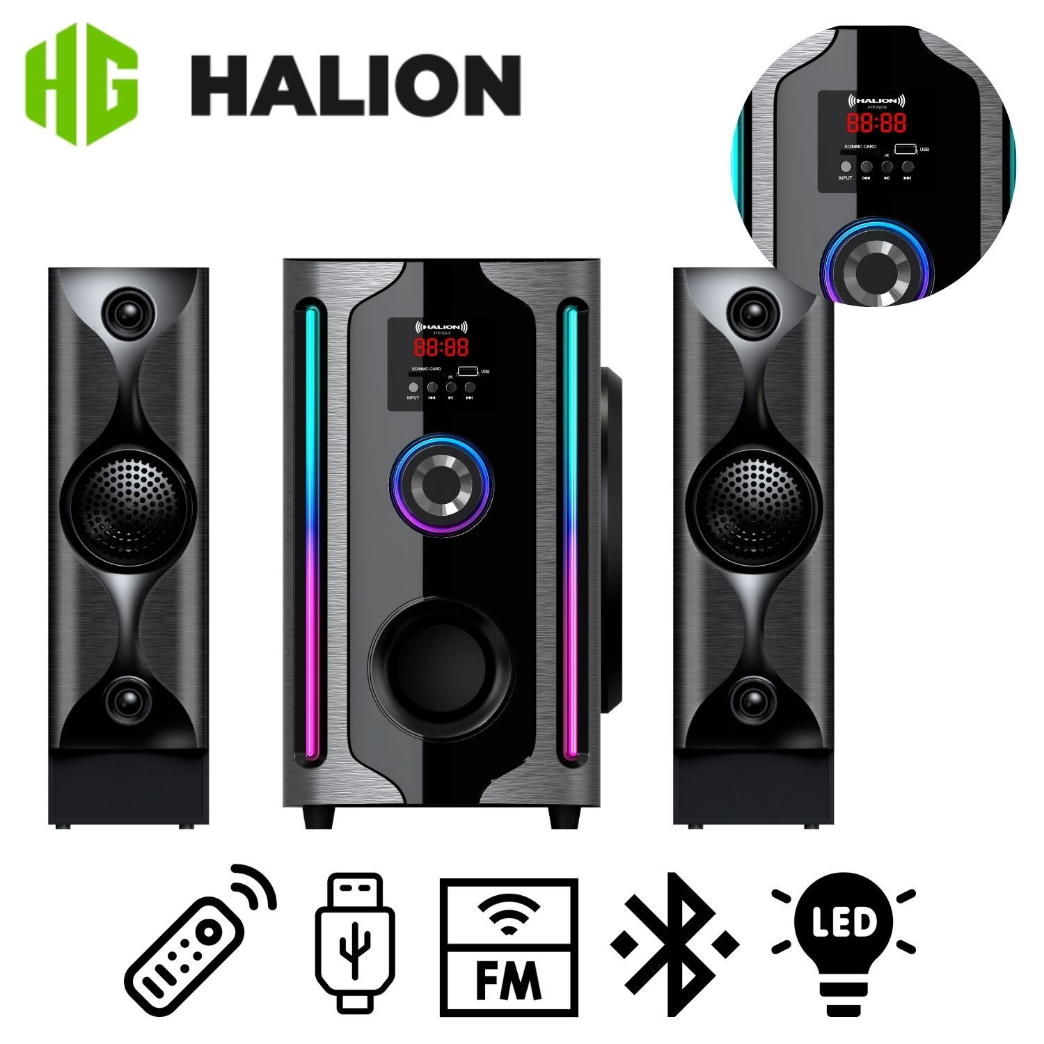 Parlante Halion HA-F84 Avenger 2.1 con Subwoofer 8" Luces RGB USB SD BT FM