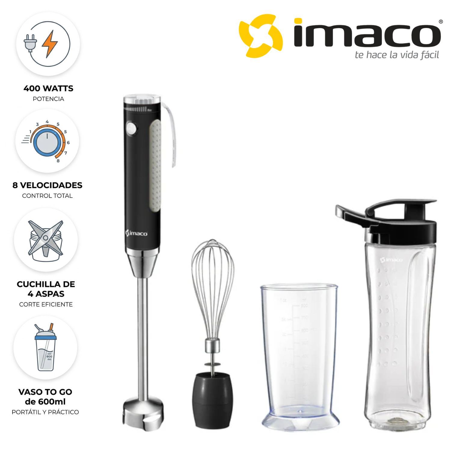 Licuadora Manual Imaco HB400 8 vel 400 Watts – Negro