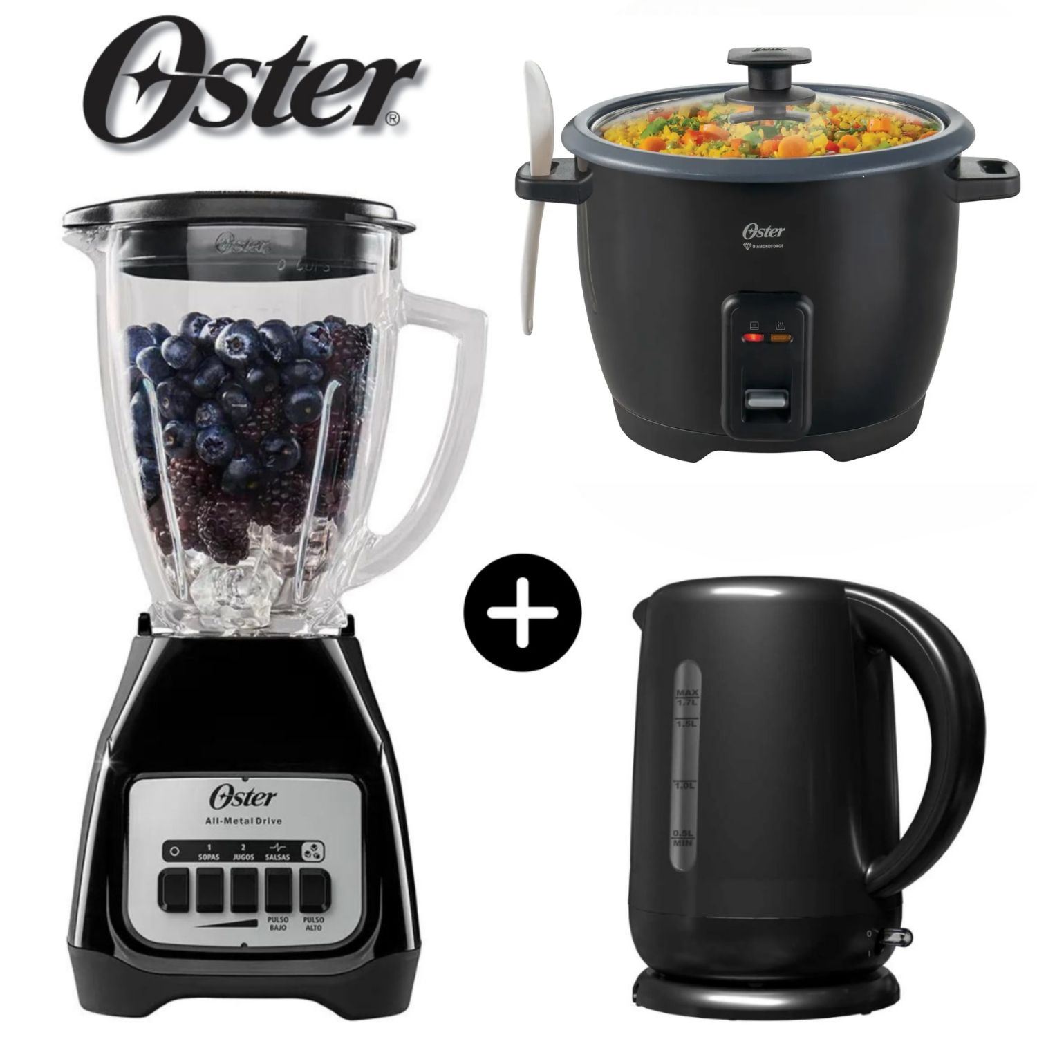 Tricombo Negro Oster Licuadora 800 W +Arrocera 1,8Lt+Hervidor de 1,7 Litros