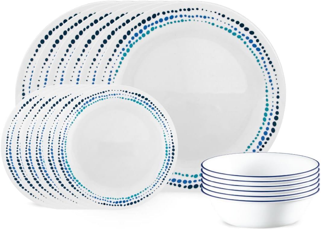 Corelle Vitrelle Juego de Vajilla de 18 Piezas para 6 Personas – Platos y Bowls de Vidrio Triple Capa Resistentes a Golpes y Grietas - Azul océano