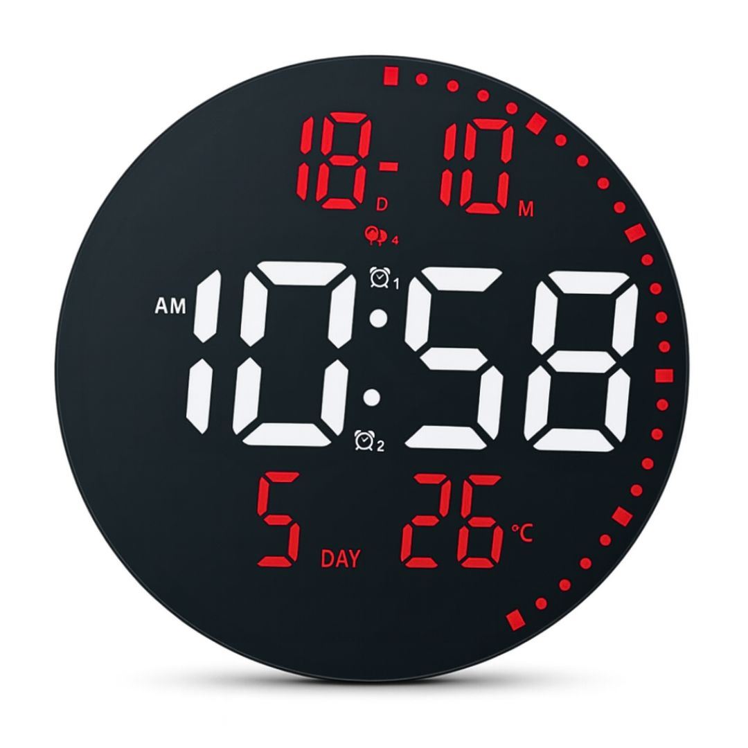 Reloj Digital LED Redondo 25 cm con Alarma, Fecha, Temperatura, Brillo Ajustable y Control Remoto