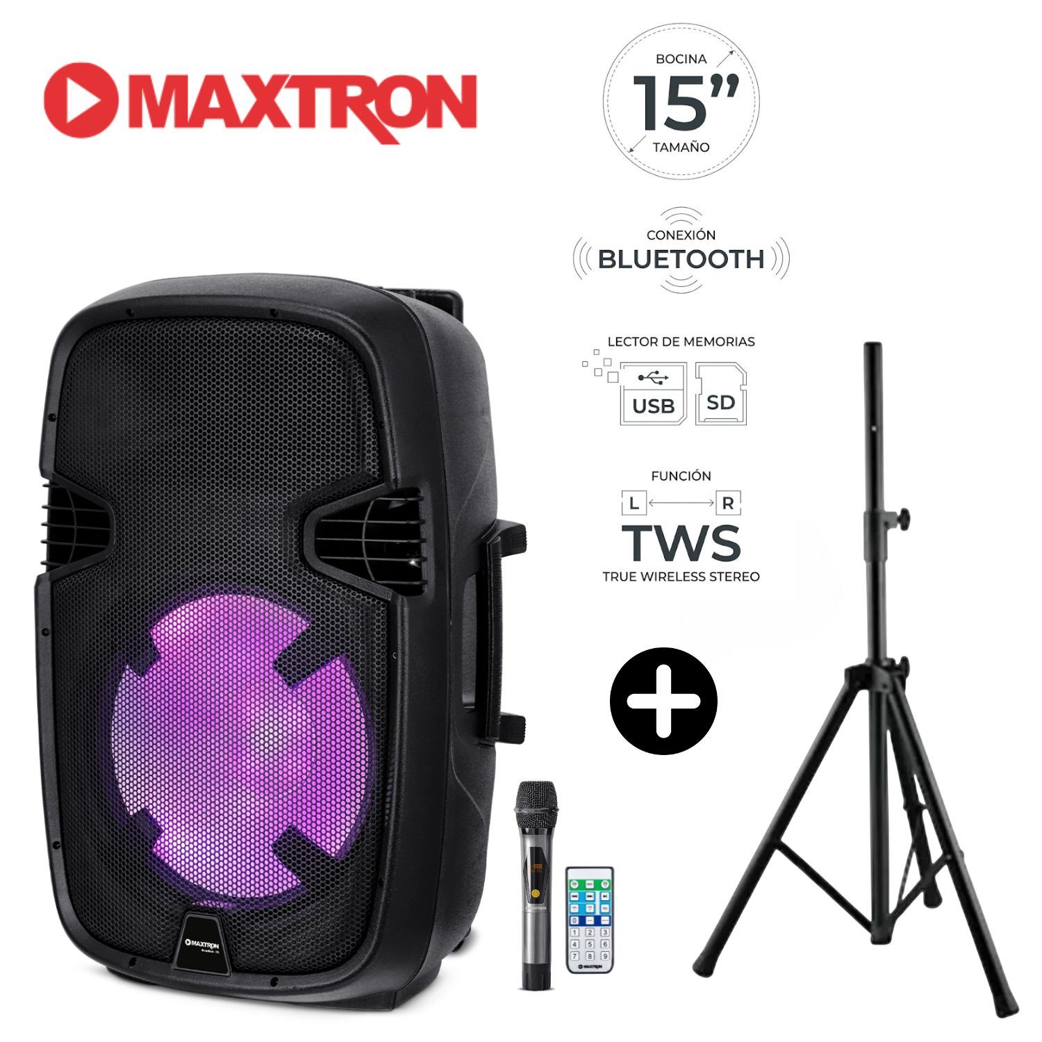 Promo Trípode + Parlante Maxtron Scadiun MX 1500 Directo AC USB SD BT TWS