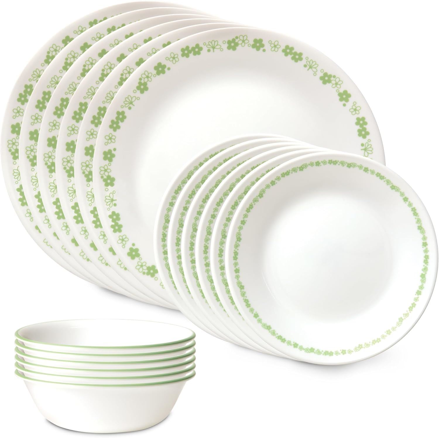 Corelle Vitrelle Juego de Vajilla de 18 Piezas para 6 Personas – Platos y Bowls de Vidrio Triple Capa Resistentes a Golpes y Grietas, Spring Blossom Green
