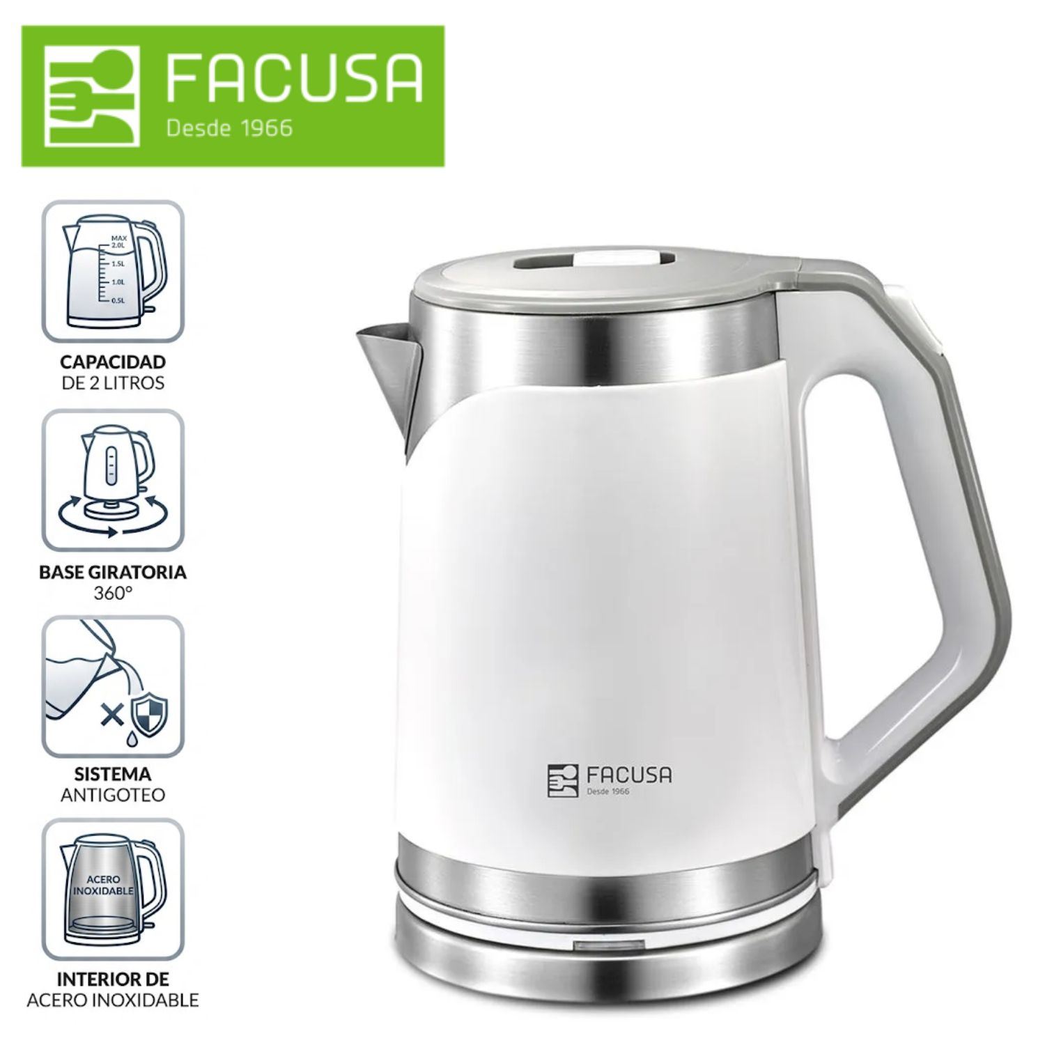 Hervidor De Agua Facusa FF-828 Gourmet De 2 Litros Blanco