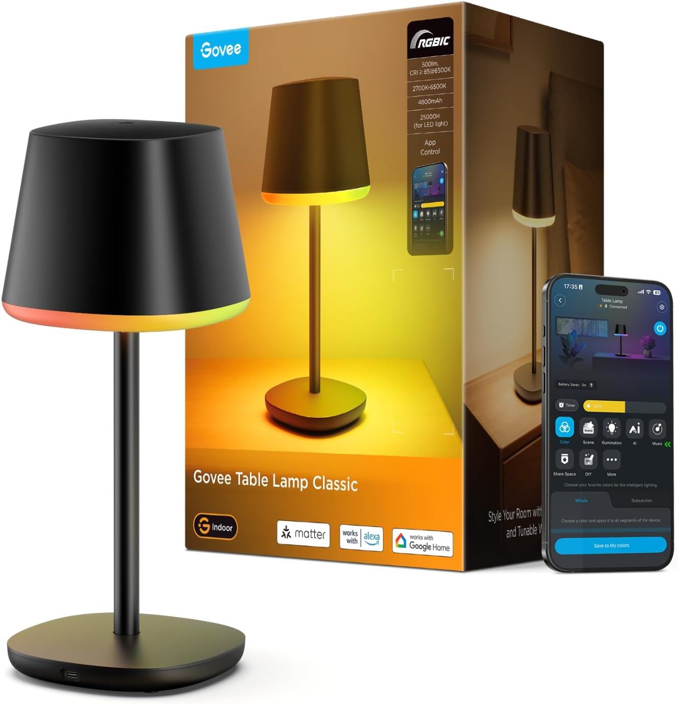 Govee Lámpara De Mesa Inteligente RGBICW Recargable Inalámbrica Matter Alexa Google Home 500lm
