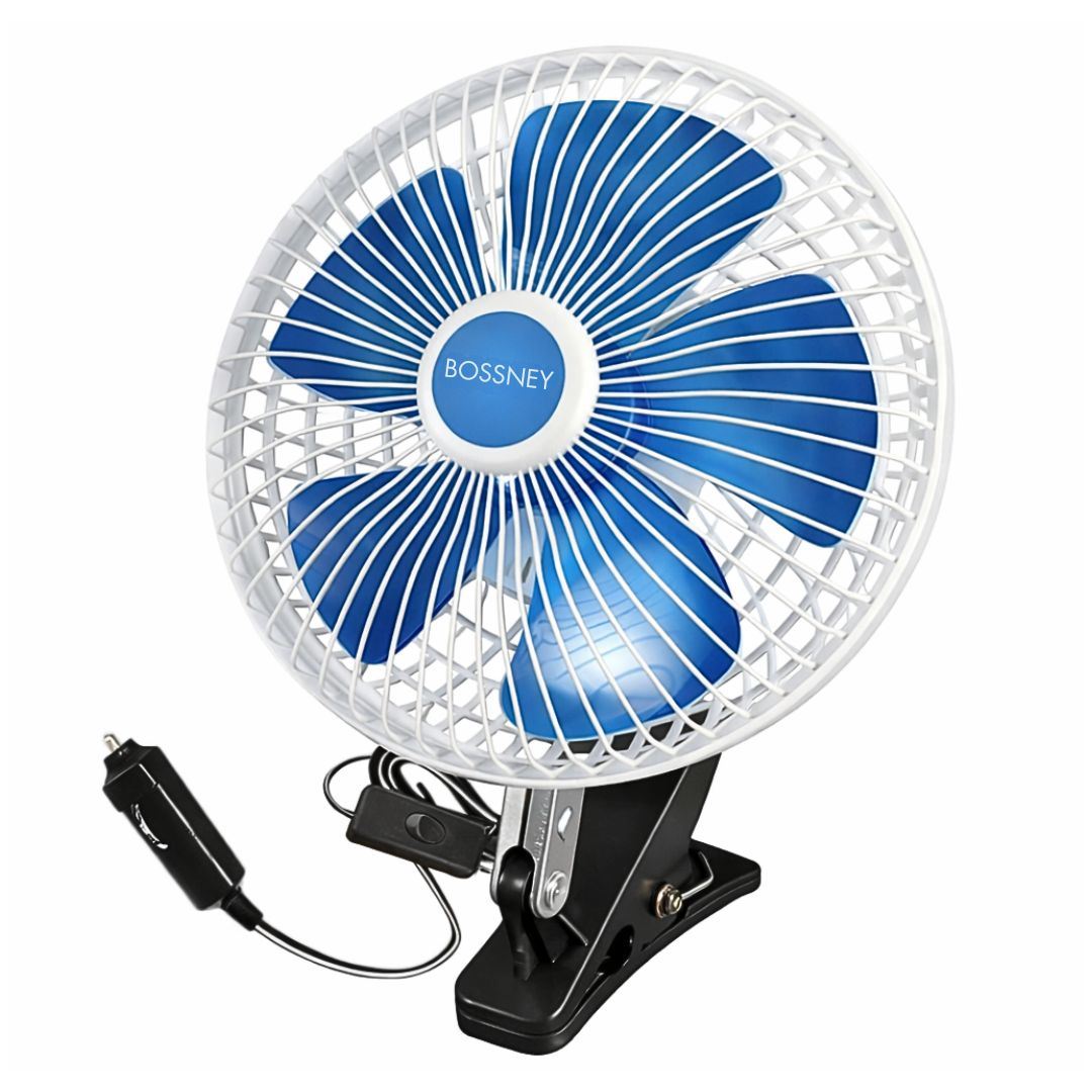 Ventilador para Auto 12V, 8 Pulgadas con Clip, Oscilación, Giratorio 360° y Enchufe al Encendedor