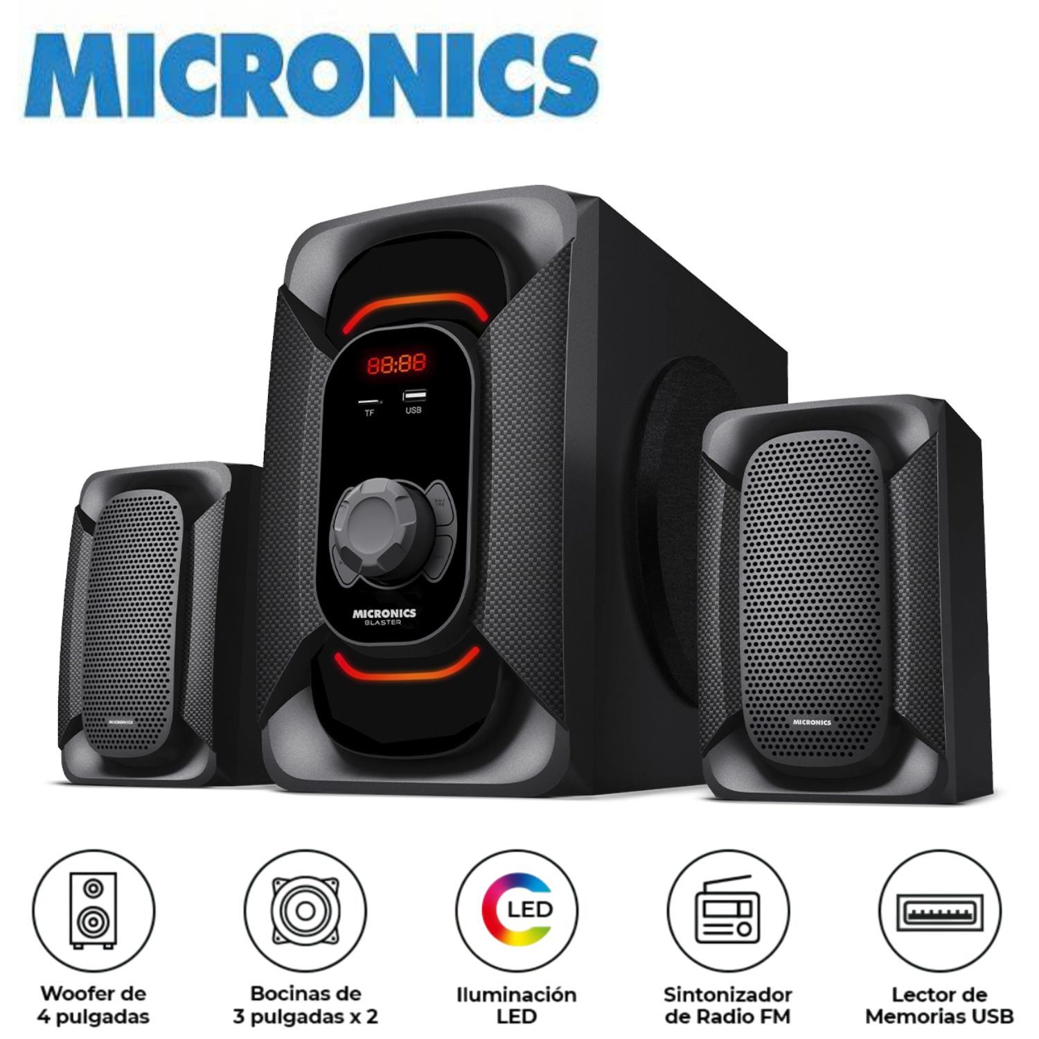Parlante Micronics MIC S7401BT Blaster 2.1 con Subwoofer 4" Iluminación LED