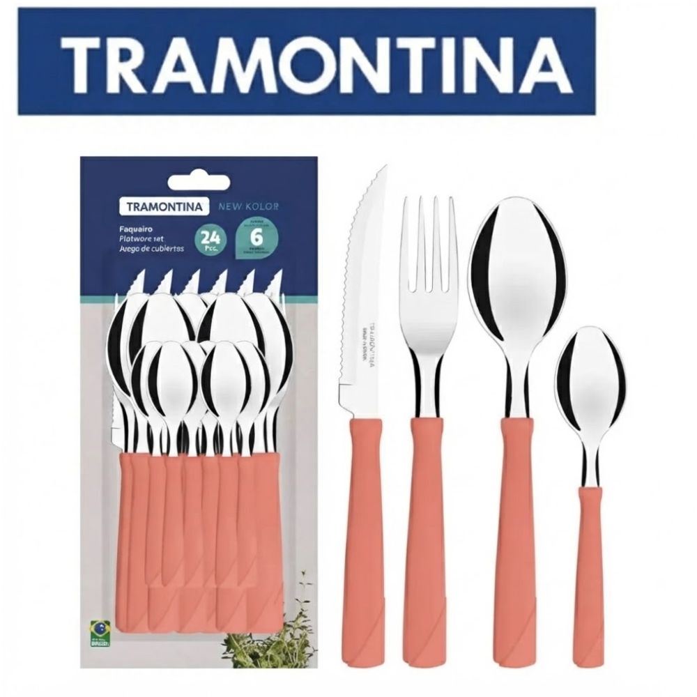 Juego de Cubiertos Tramontina 24 pzas Rosado Láminas de Acero Inoxidable y Mangos de Polipropileno