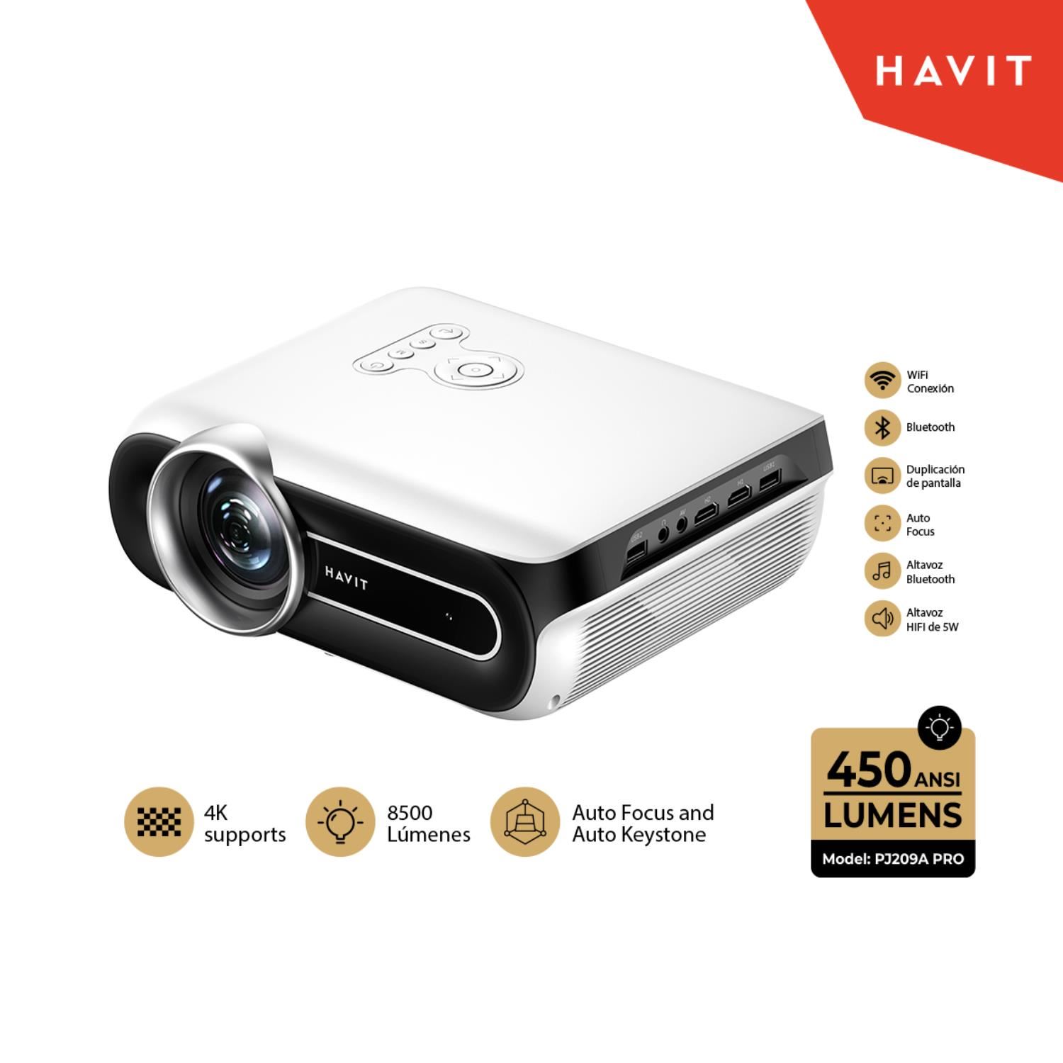 PROYECTOR HAVIT PJ209A PRO SMART 1920 x 1080 4K FHD 8500 LUMENES,450 ANSI LUMENS ANDROID TV 9.0 SPEAKER WIFI AV,HDMI BLANCO